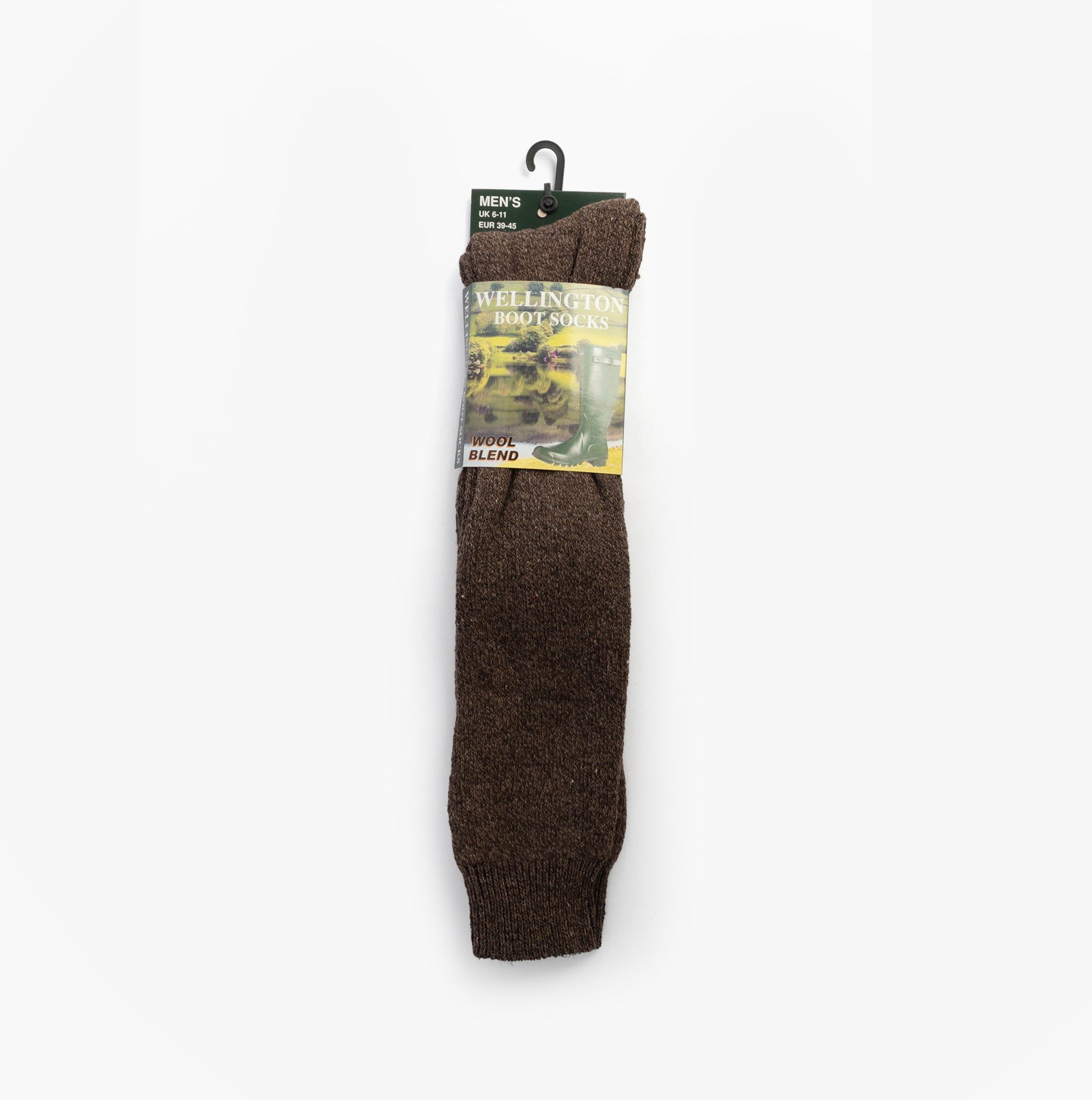 Mud Dogs Mens Welly Boot Socks Brown side view showcasing wool blend material and packaging.