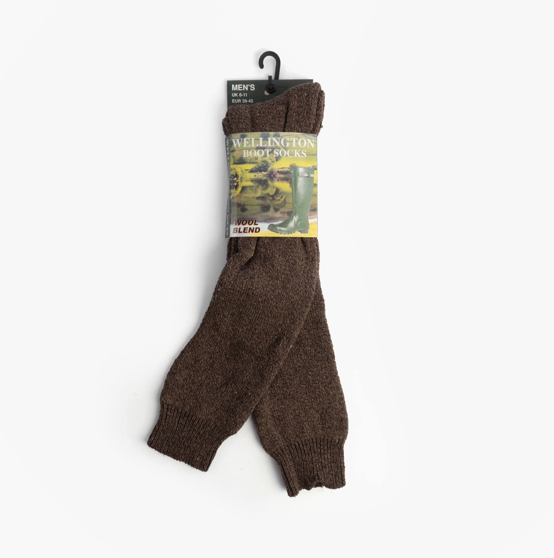 Mud Dogs Mens Welly Boot Socks Brown displayed front view, featuring wool blend material, ideal for outdoor use.
