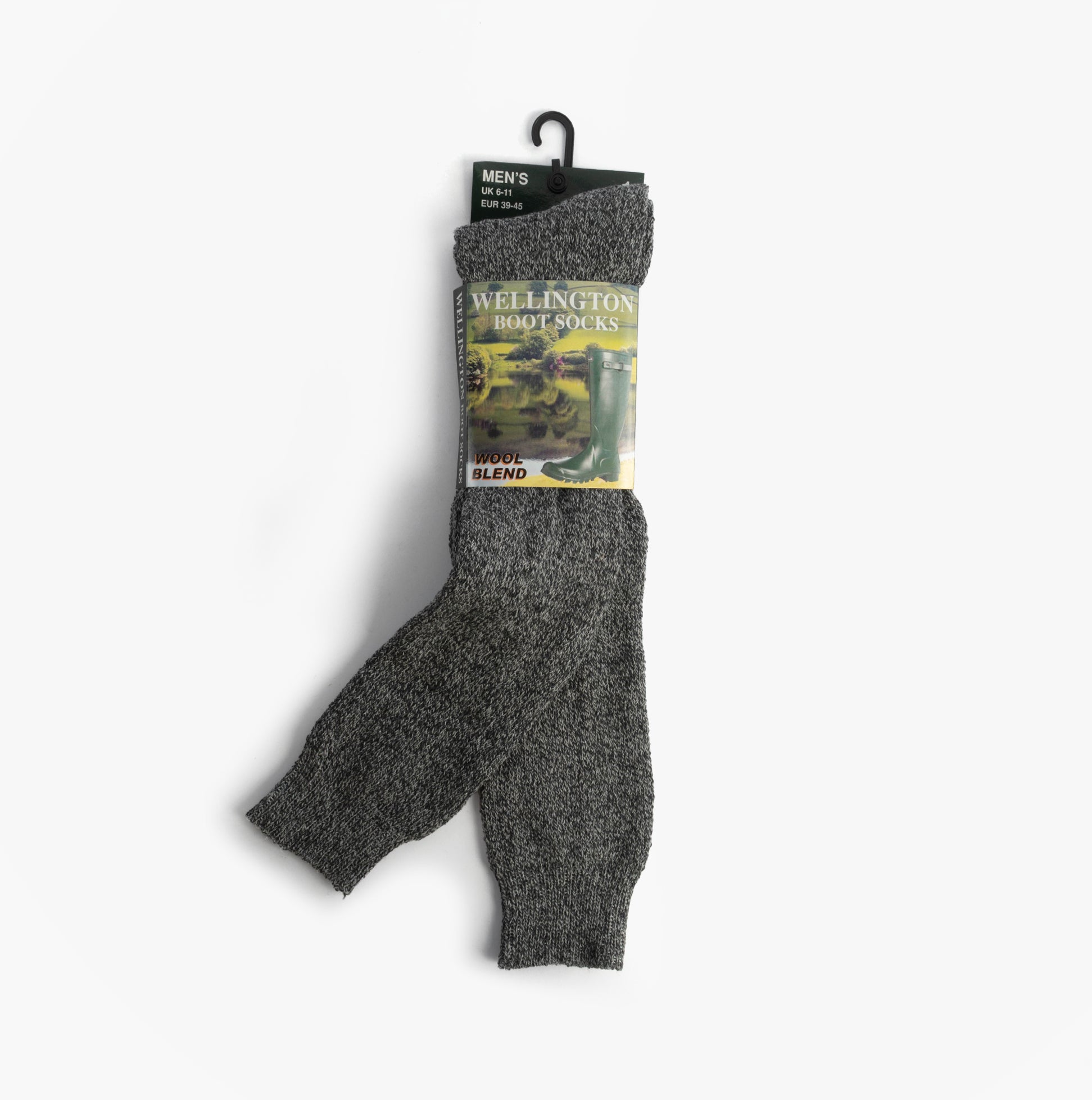 Mud Dogs Mens Welly Boot Socks Grey front view showing wool blend material and packaging.