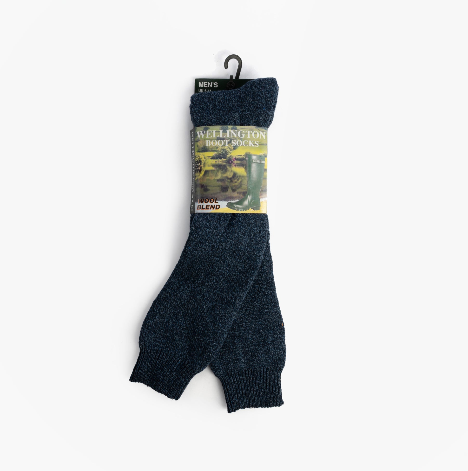 Mud Dogs Mens Welly Boot Socks Navy front view display with packaging and label.