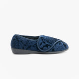 Jo & Joe DOREEN Womens Touch Fasten Slippers Navy side view showing floral design and adjustable strap.