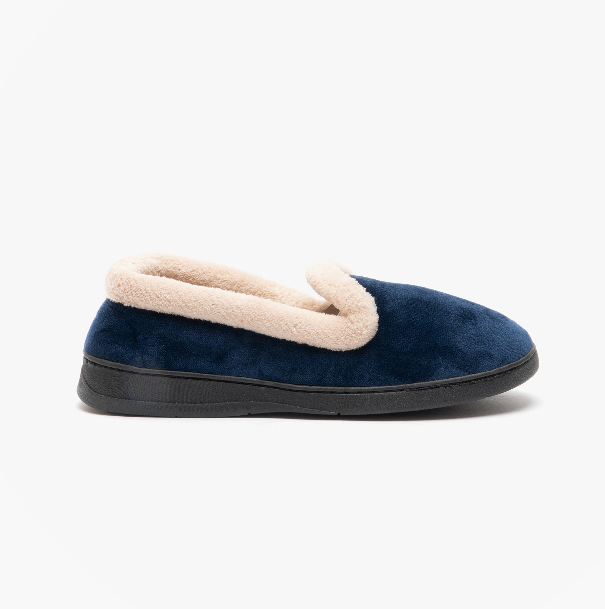 Jo & Joe CASHMERE Womens Velour Full Slippers Navy side view featuring soft lining and flat sole.