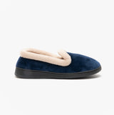 Jo & Joe CASHMERE Womens Velour Full Slippers Navy side view featuring soft lining and flat sole.