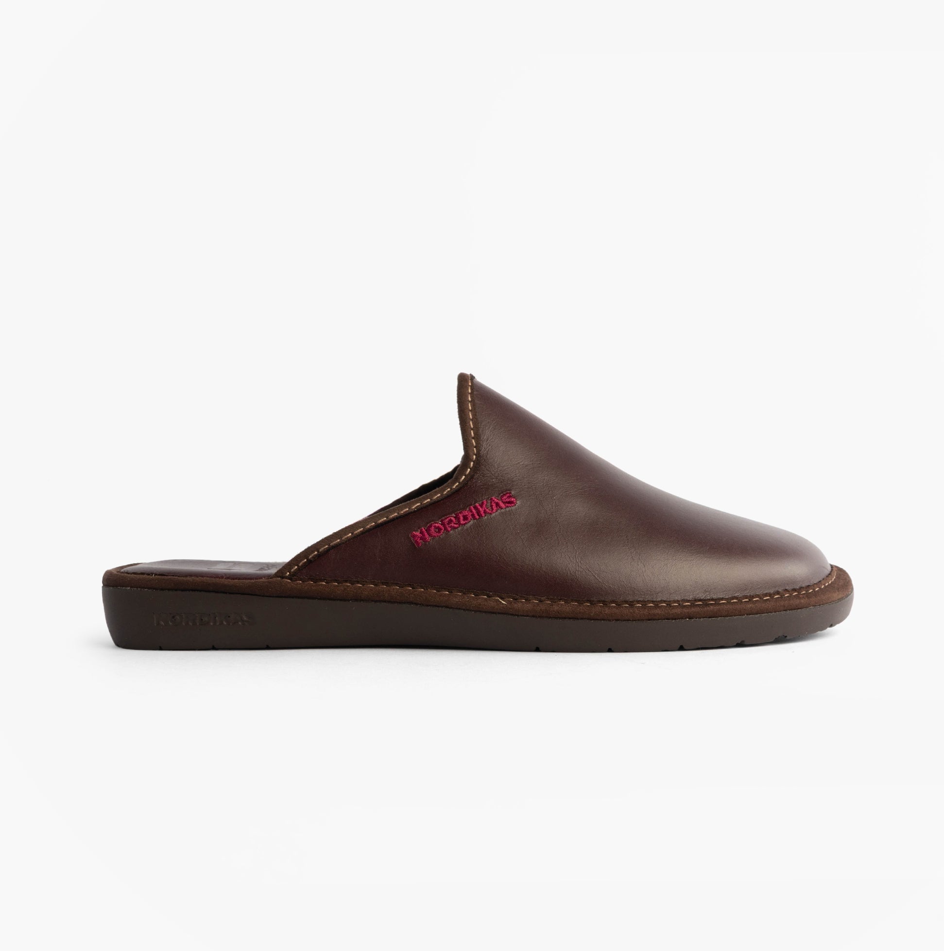Nordikas 131 Mens Leather Mule Slippers Bordo side view of brown leather slip-on mules with a comfortable design.