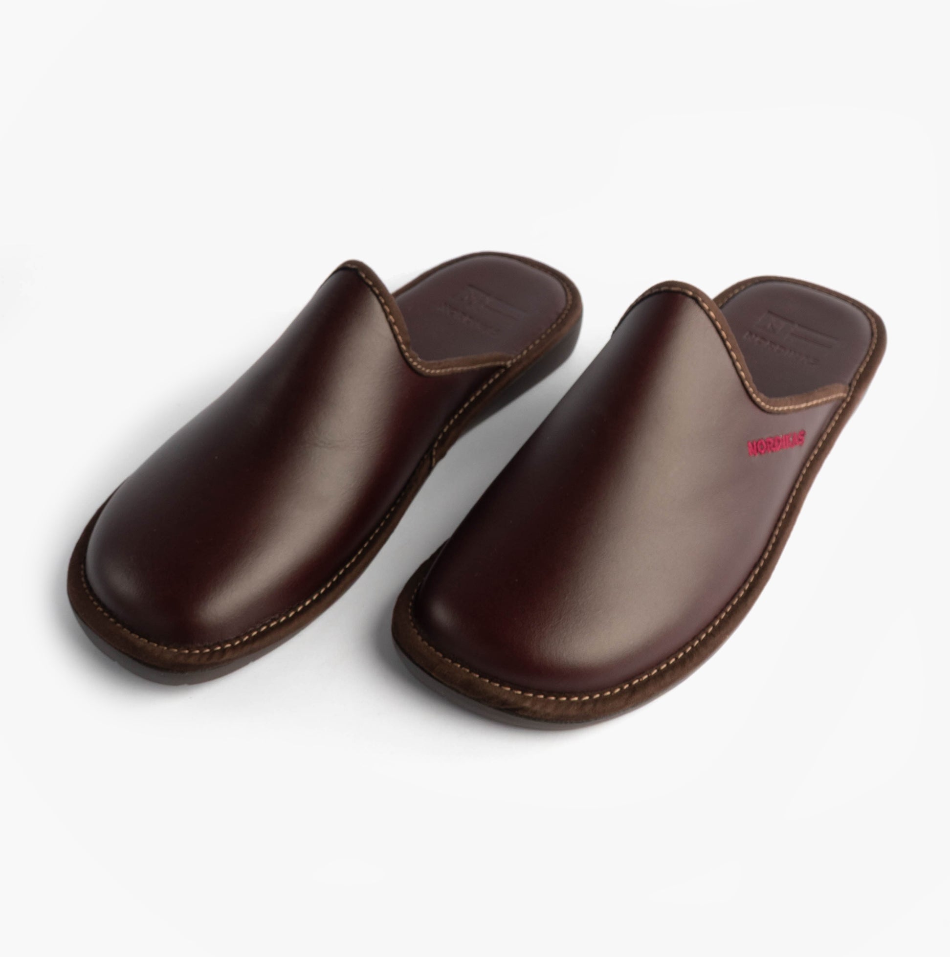 Nordikas 131 Mens Leather Mule Slippers Bordo side view showing premium leather construction and slip-on design.