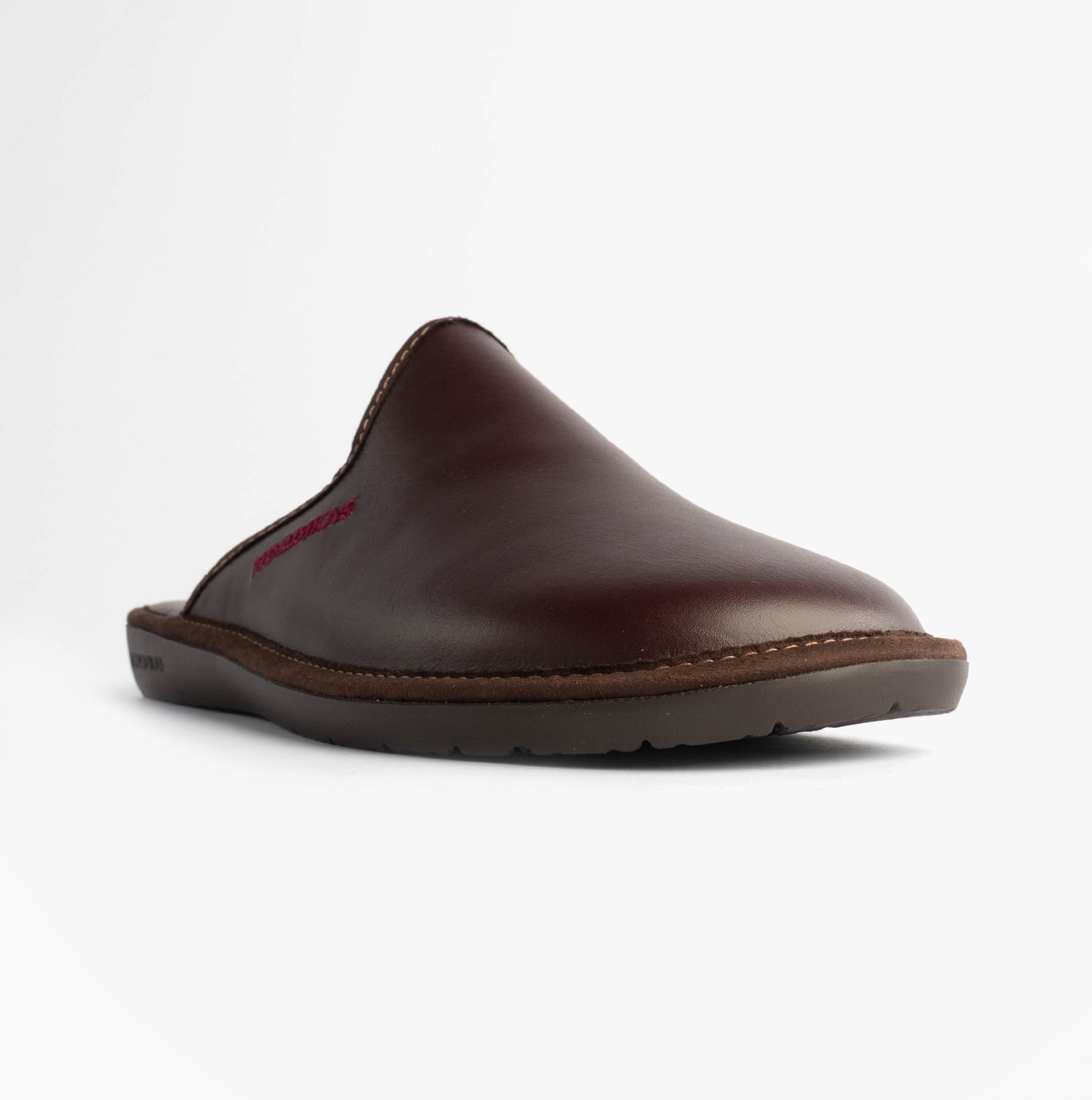 Nordikas 131 Mens Leather Mule Slippers Bordo side view showcasing premium leather and comfortable slip-on design.