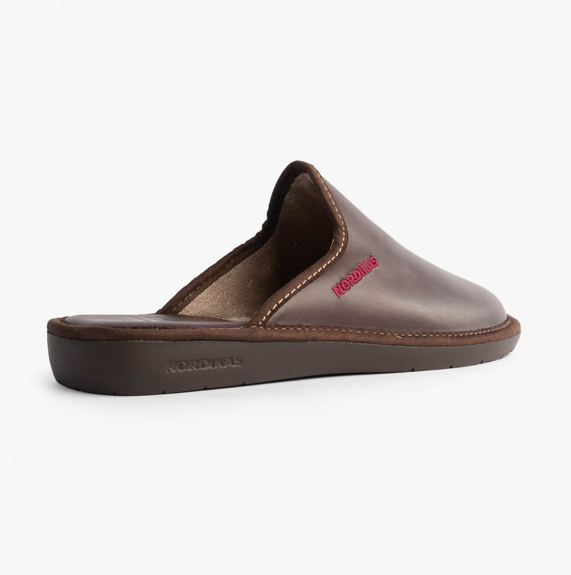 Nordikas 131 Mens Leather Mule Slippers Bordo side view showing premium leather upper and slip-on design.