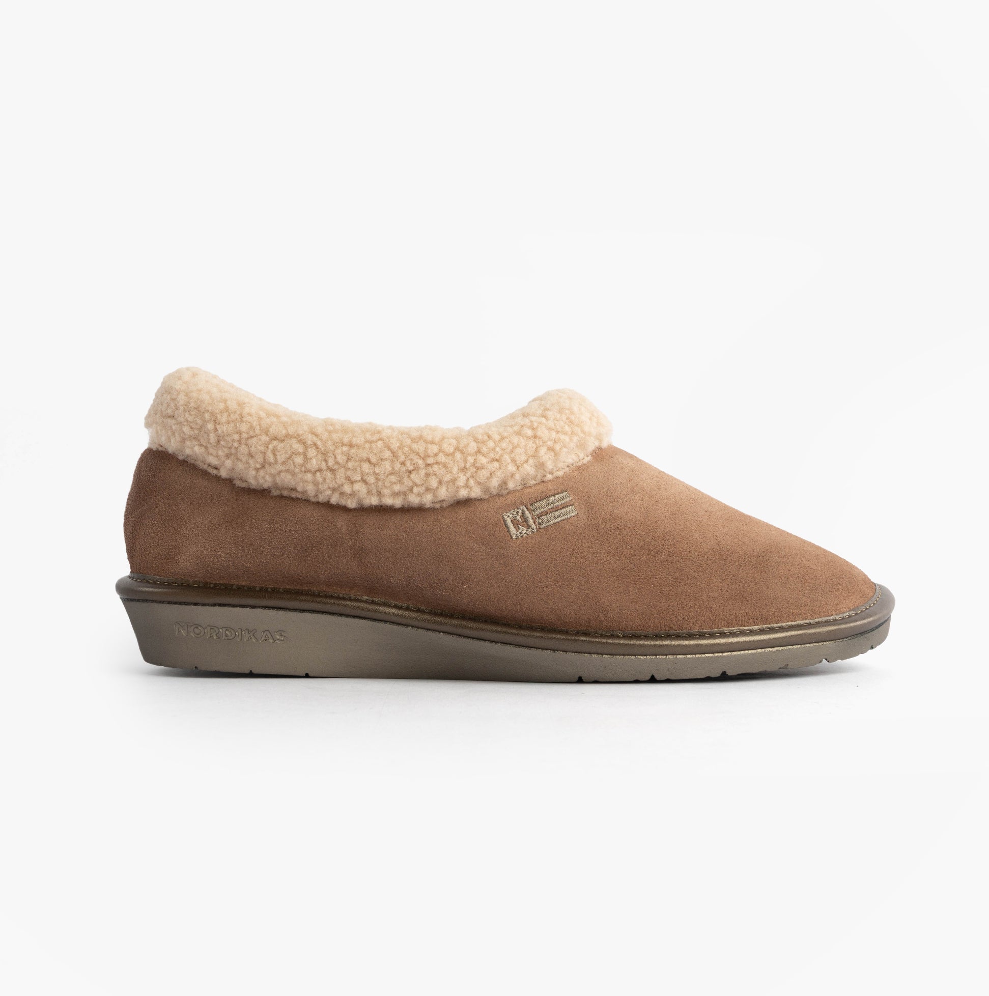 Nordikas 1754 Womens Full Fur Cuff Slippers Piedra side view featuring suede upper and faux fur lining.
