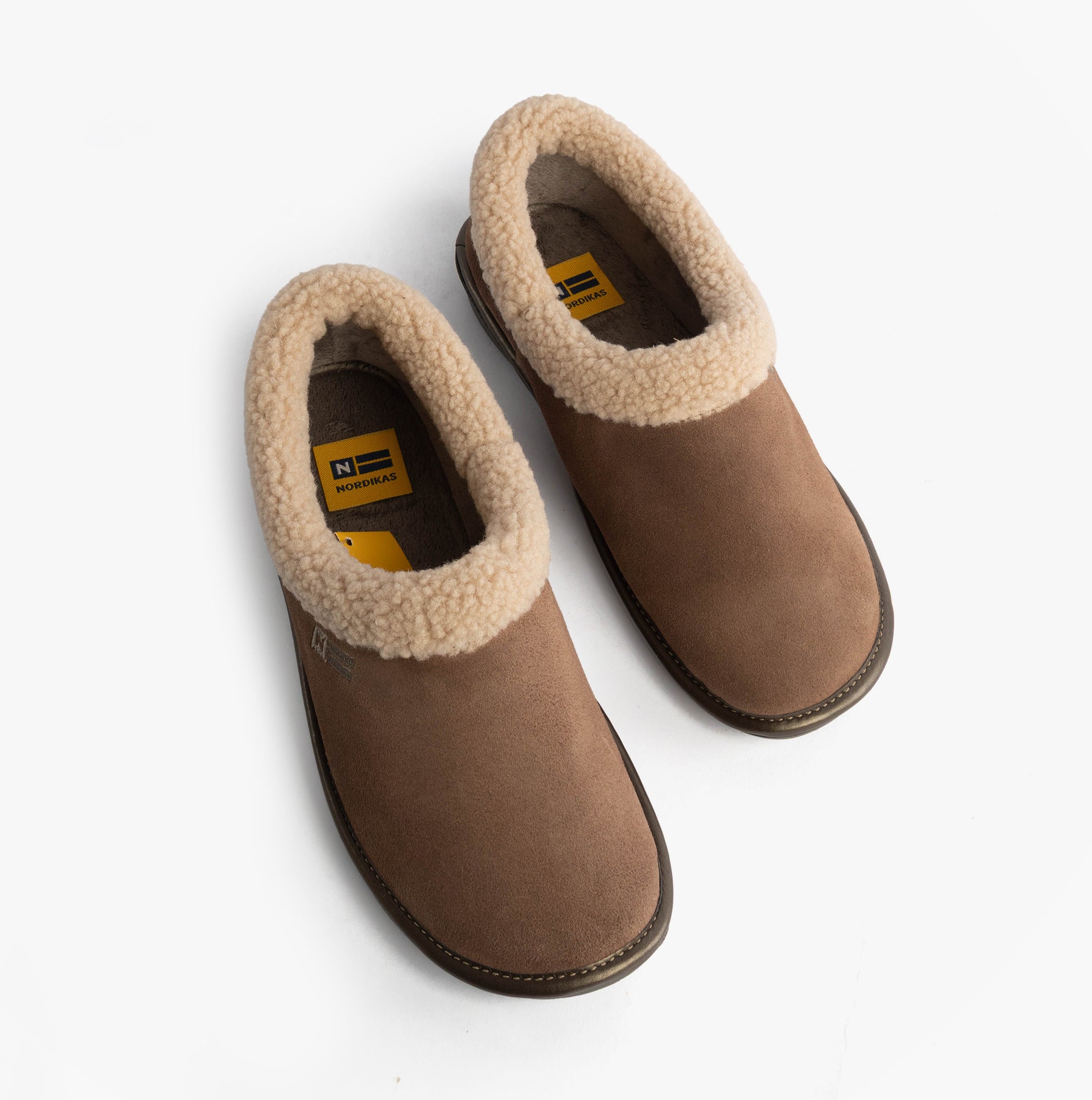 Nordikas 1754 Womens Full Fur Cuff Slippers Piedra top view showing suede upper and faux fur cuff.