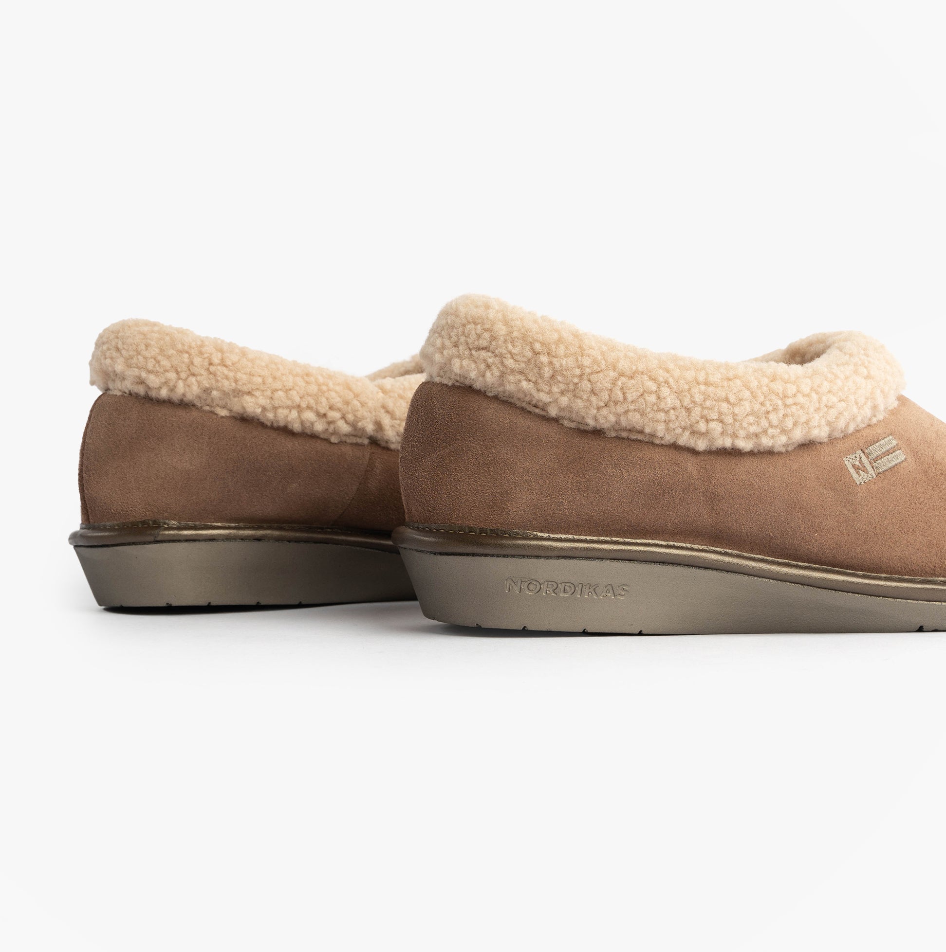 Nordikas 1754 Womens Full Fur Cuff Slippers Piedra side view showcasing soft suede and faux fur lining.