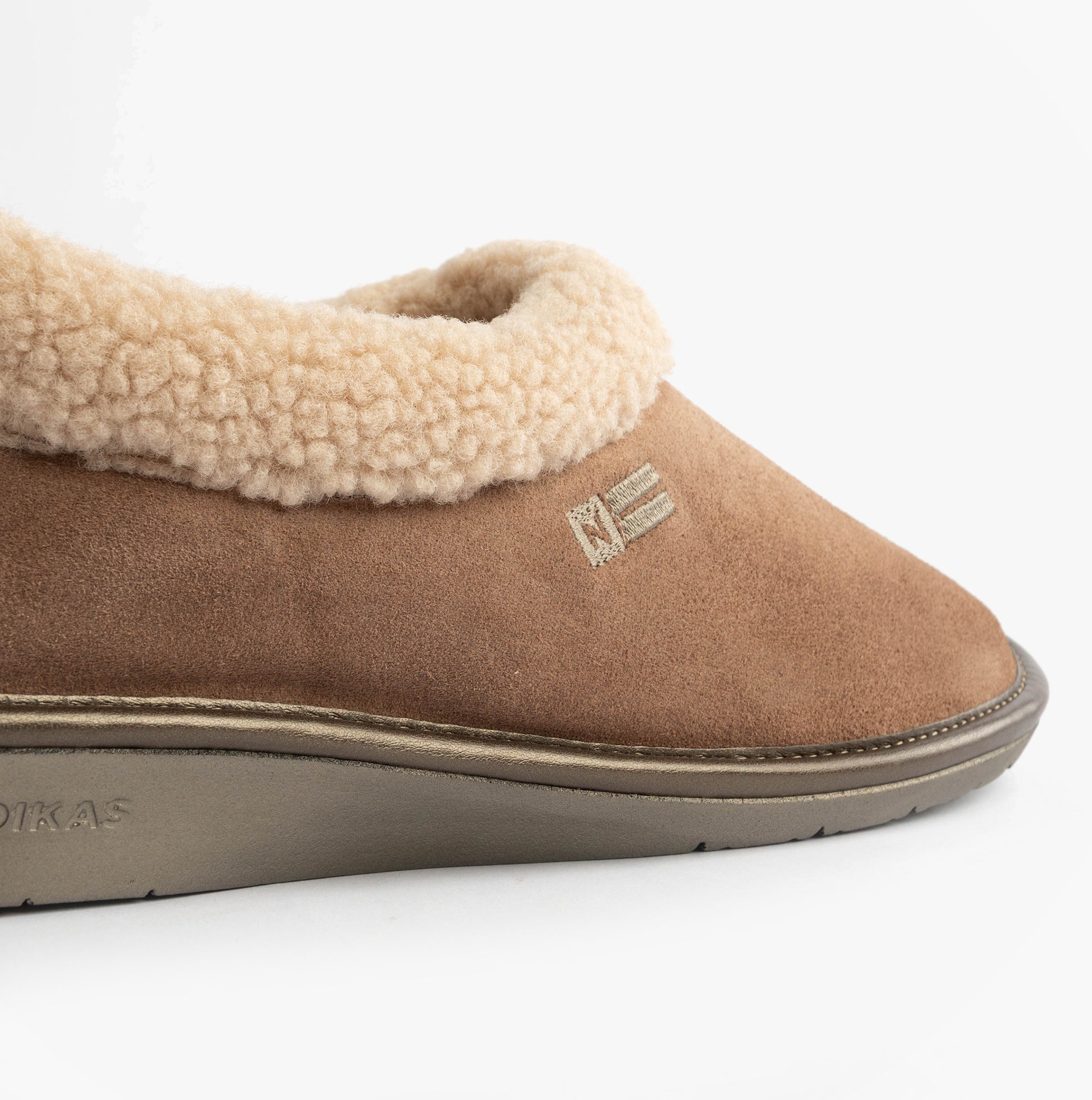 Nordikas 1754 Womens Full Fur Cuff Slippers Piedra side view showing suede upper and faux fur lining.