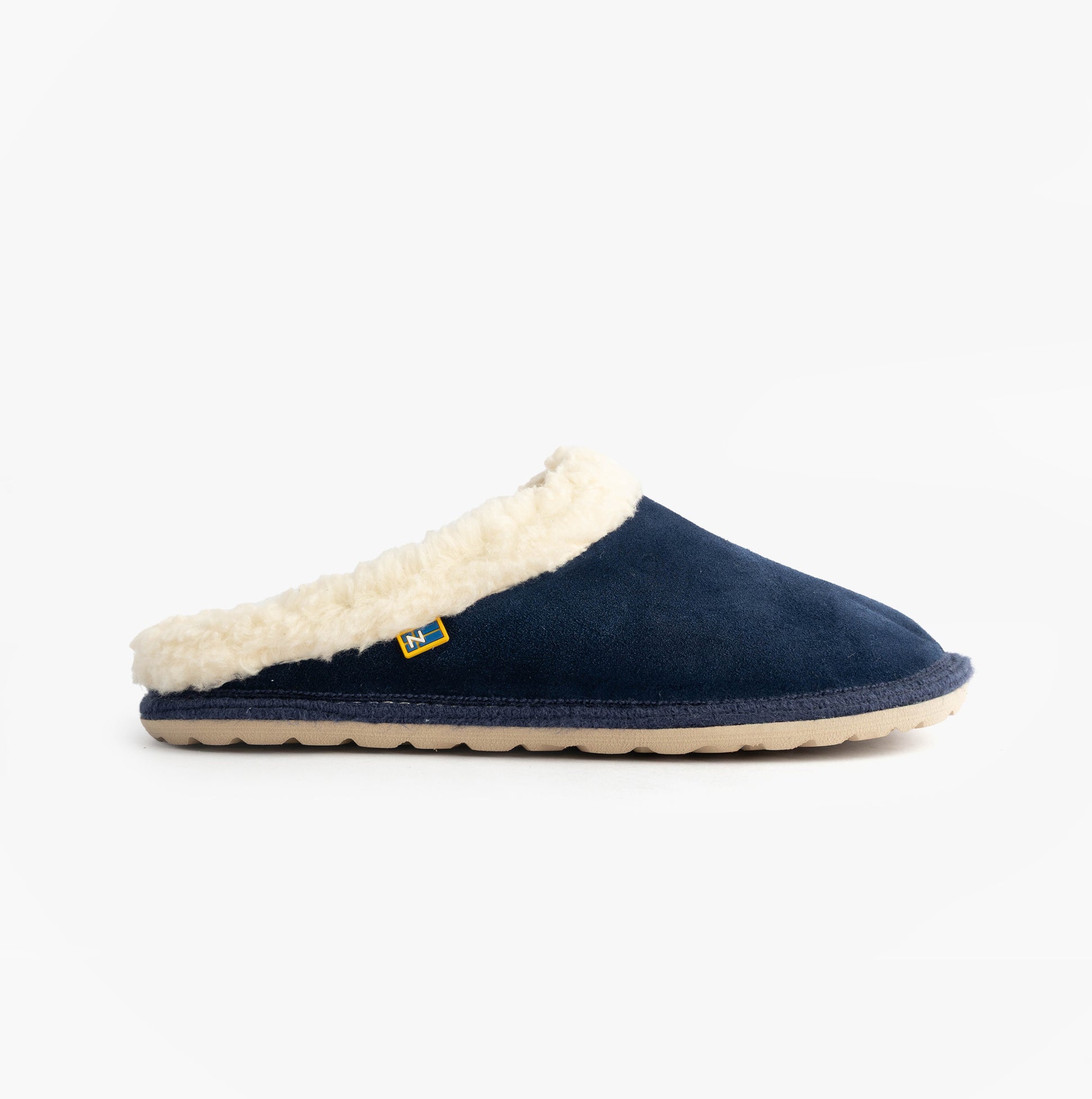 Nordikas 2087 Womens Suede Mule Slippers Indigo side view with cream lining and rubber sole