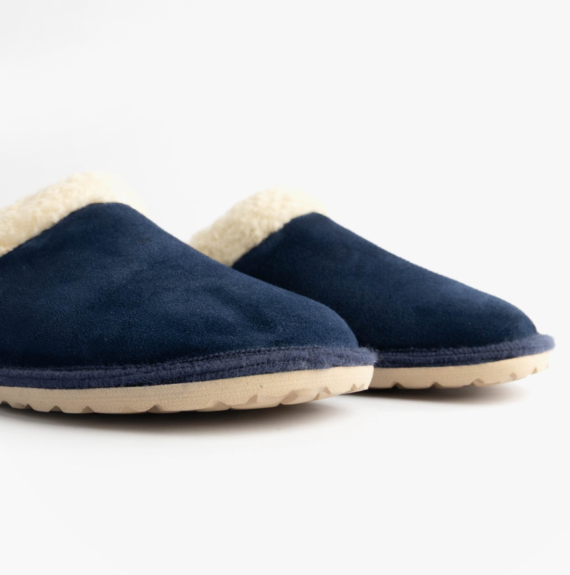 Nordikas 2087 Womens Suede Mule Slippers Indigo side view showing soft suede upper and low rubber sole.