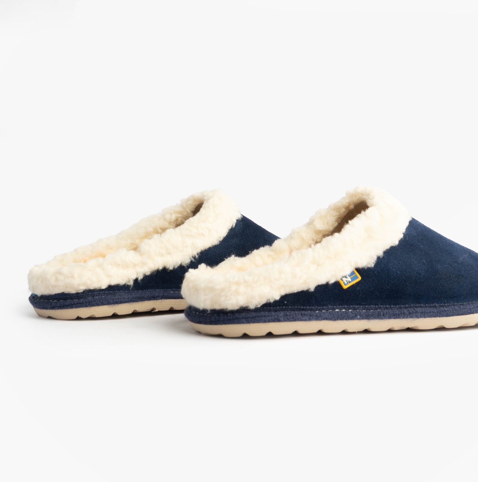Nordikas 2087 Womens Suede Mule Slippers Indigo side view showing soft lining and rubber sole.