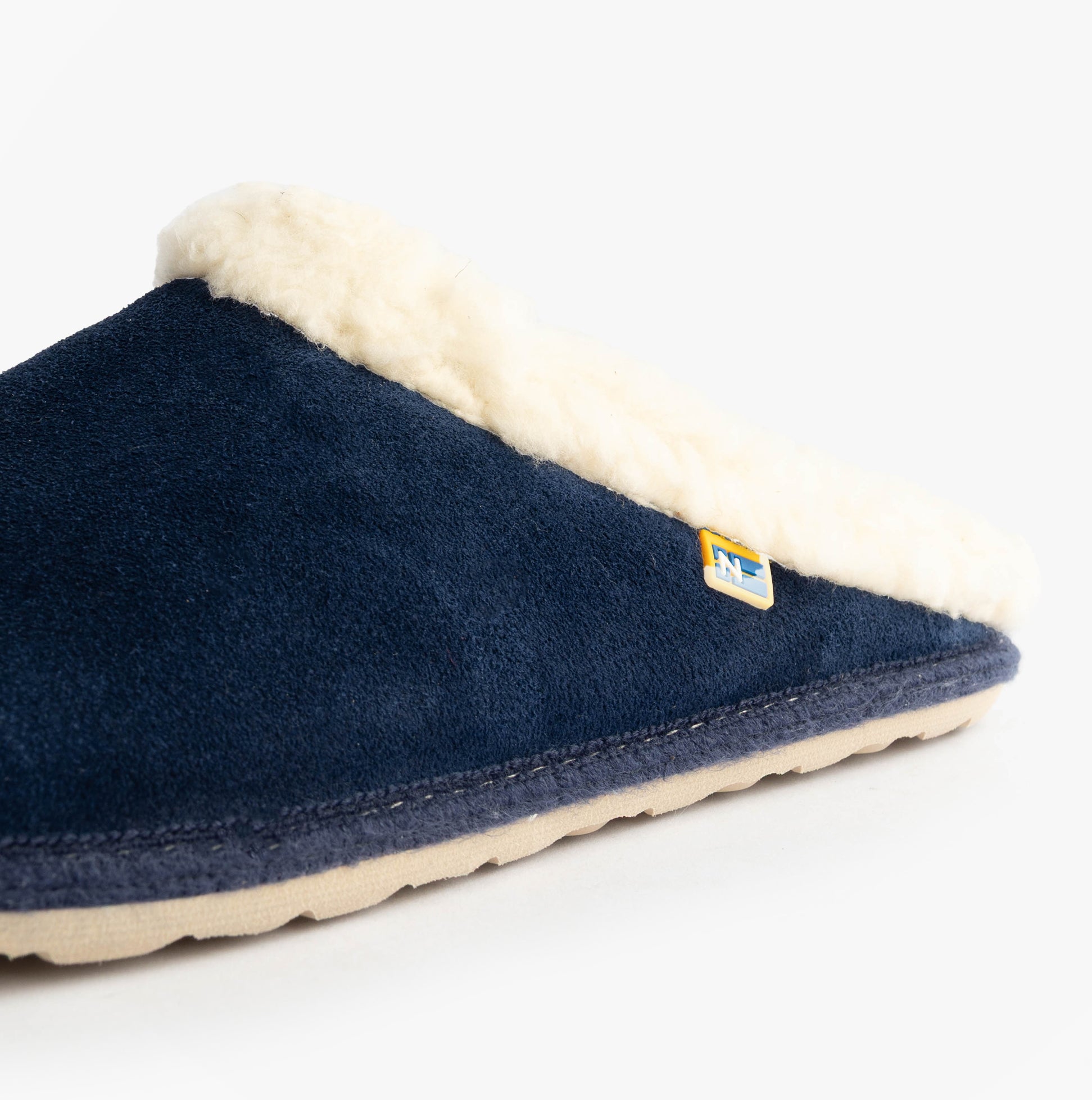 Nordikas 2087 Womens Suede Mule Slippers Indigo side view showing soft suede material and warm lining.