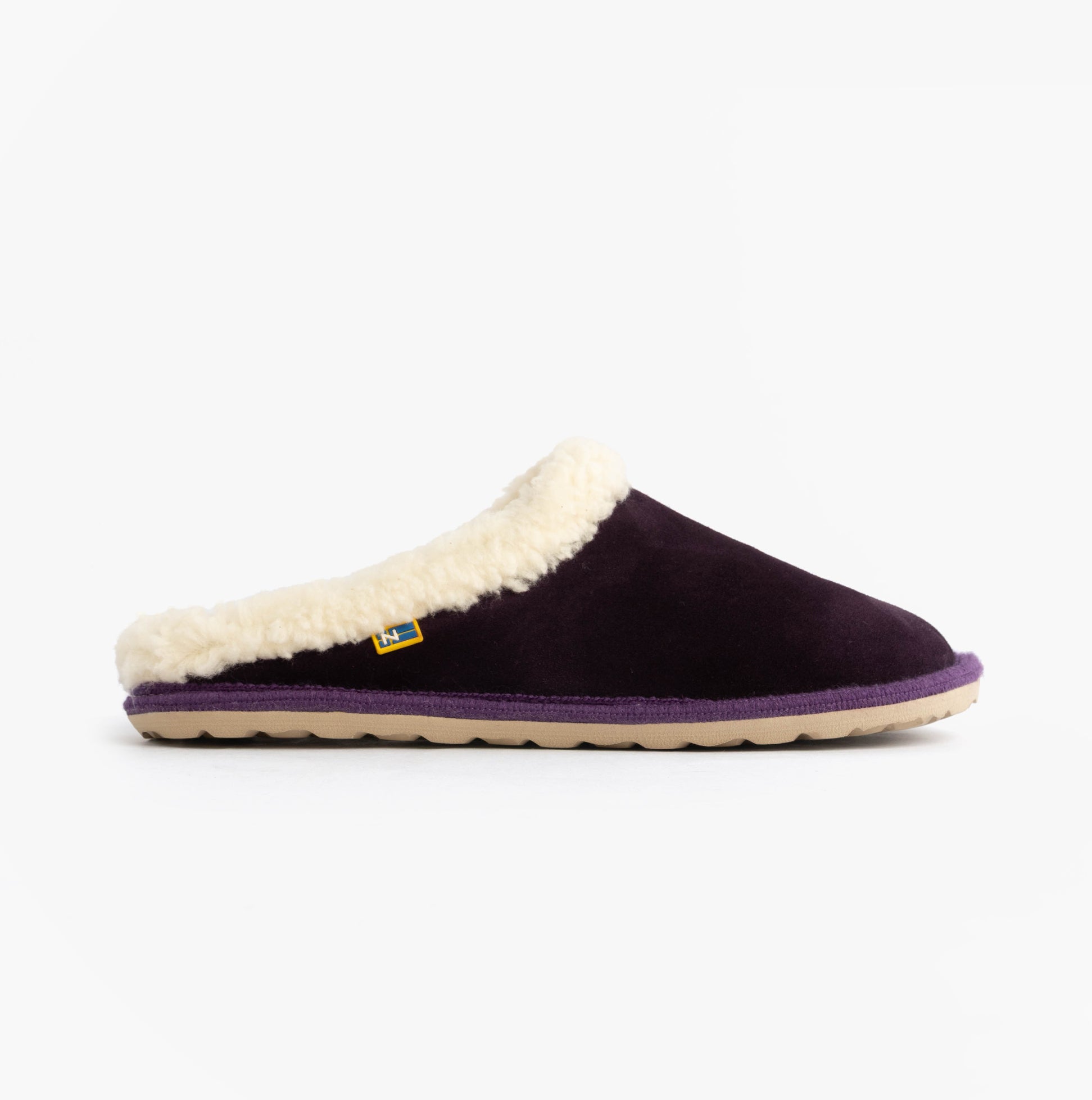 Nordikas 2087 Womens Suede Mule Slippers Purple side view with faux fur lining and rubber sole.