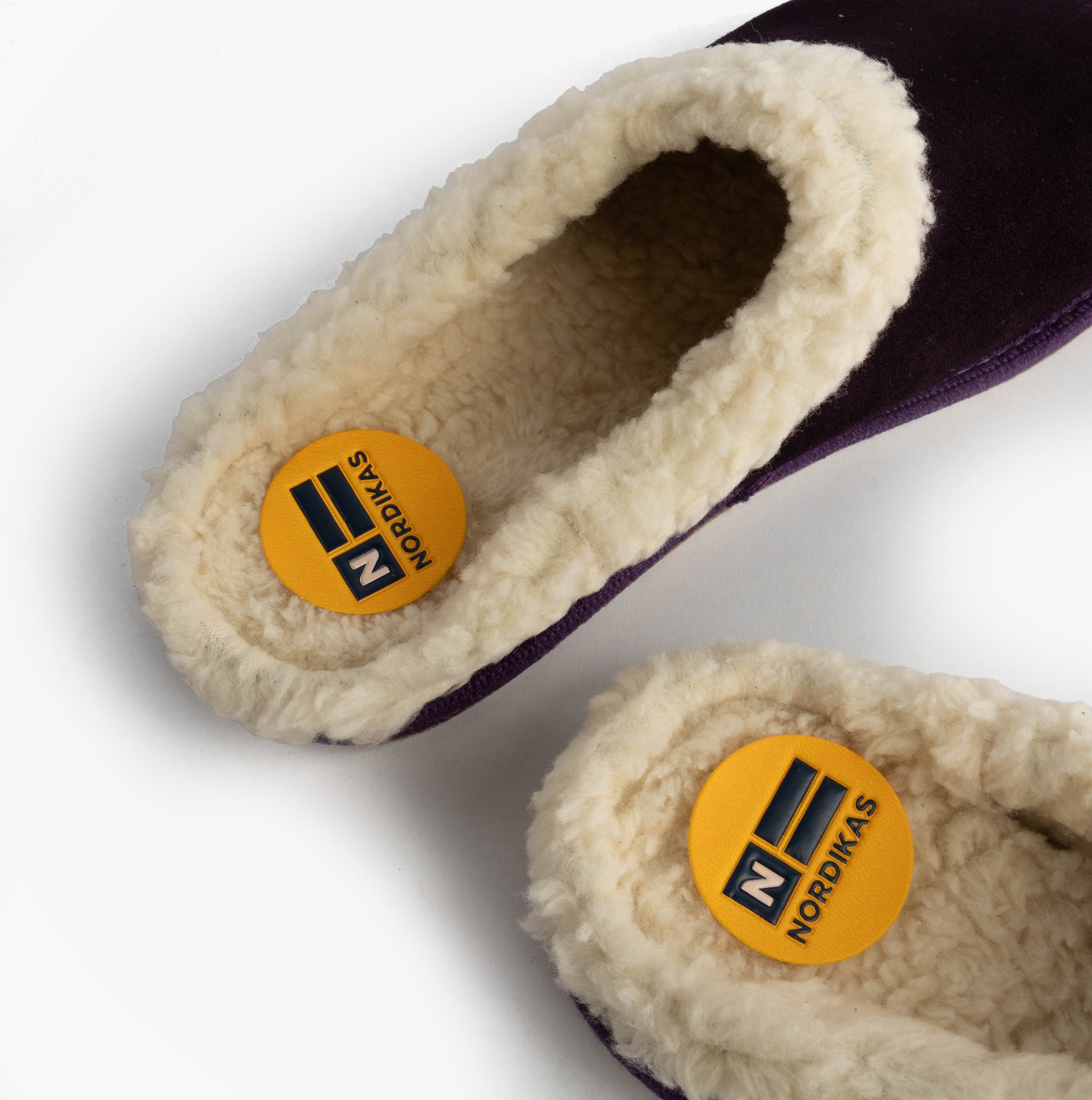 Nordikas 2087 Womens Suede Mule Slippers Purple top view showing faux fur lining and logo detail.