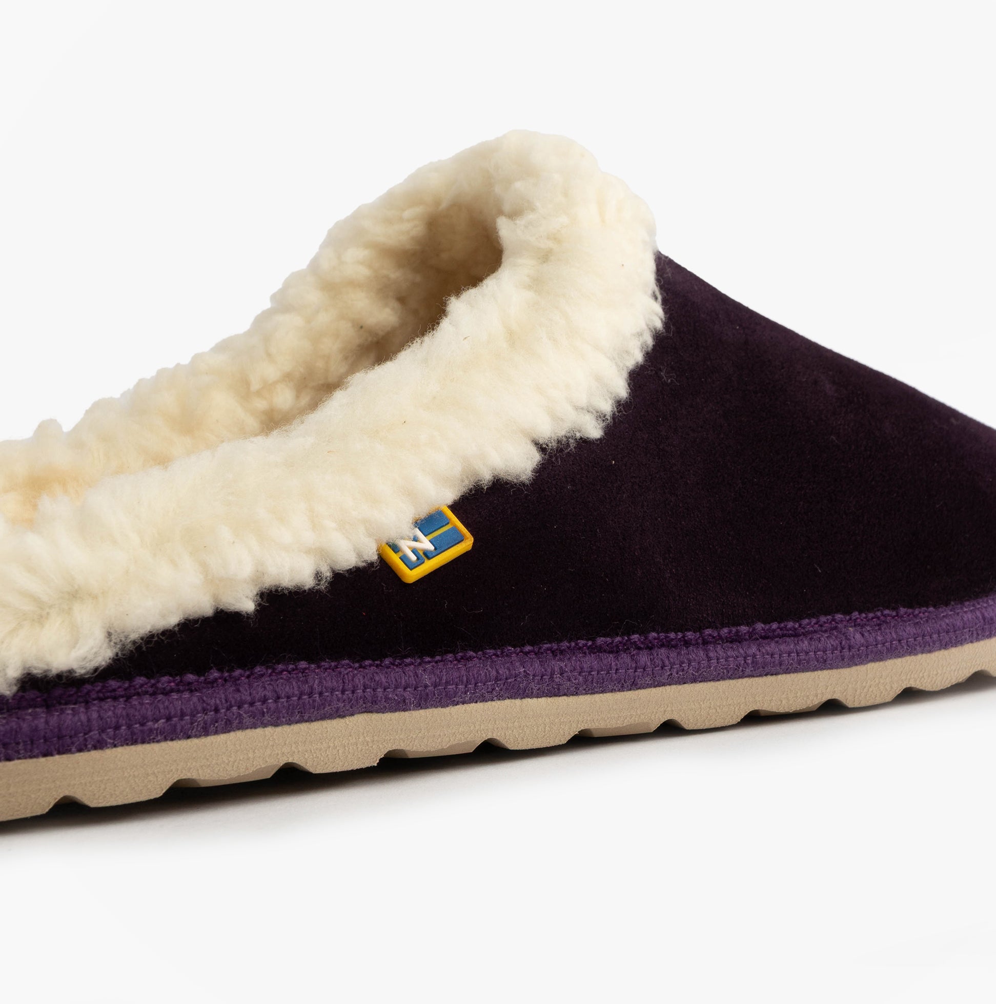 Nordikas 2087 Womens Suede Mule Slippers Purple side view showcasing soft faux fur lining and suede upper.
