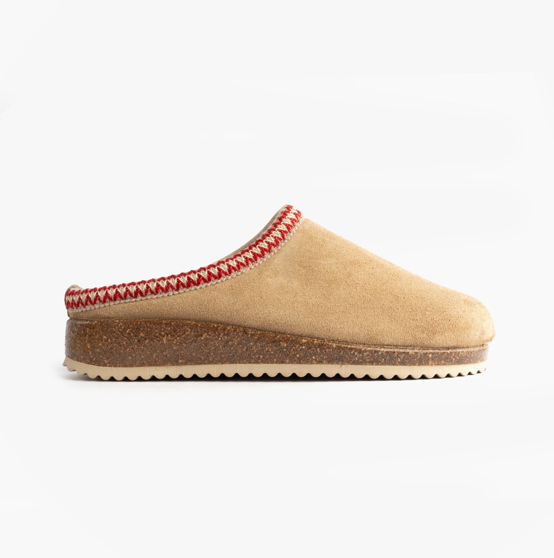 Nordikas 2247 Womens Suede Mule Slippers Beige side view showing suede upper and patterned trim