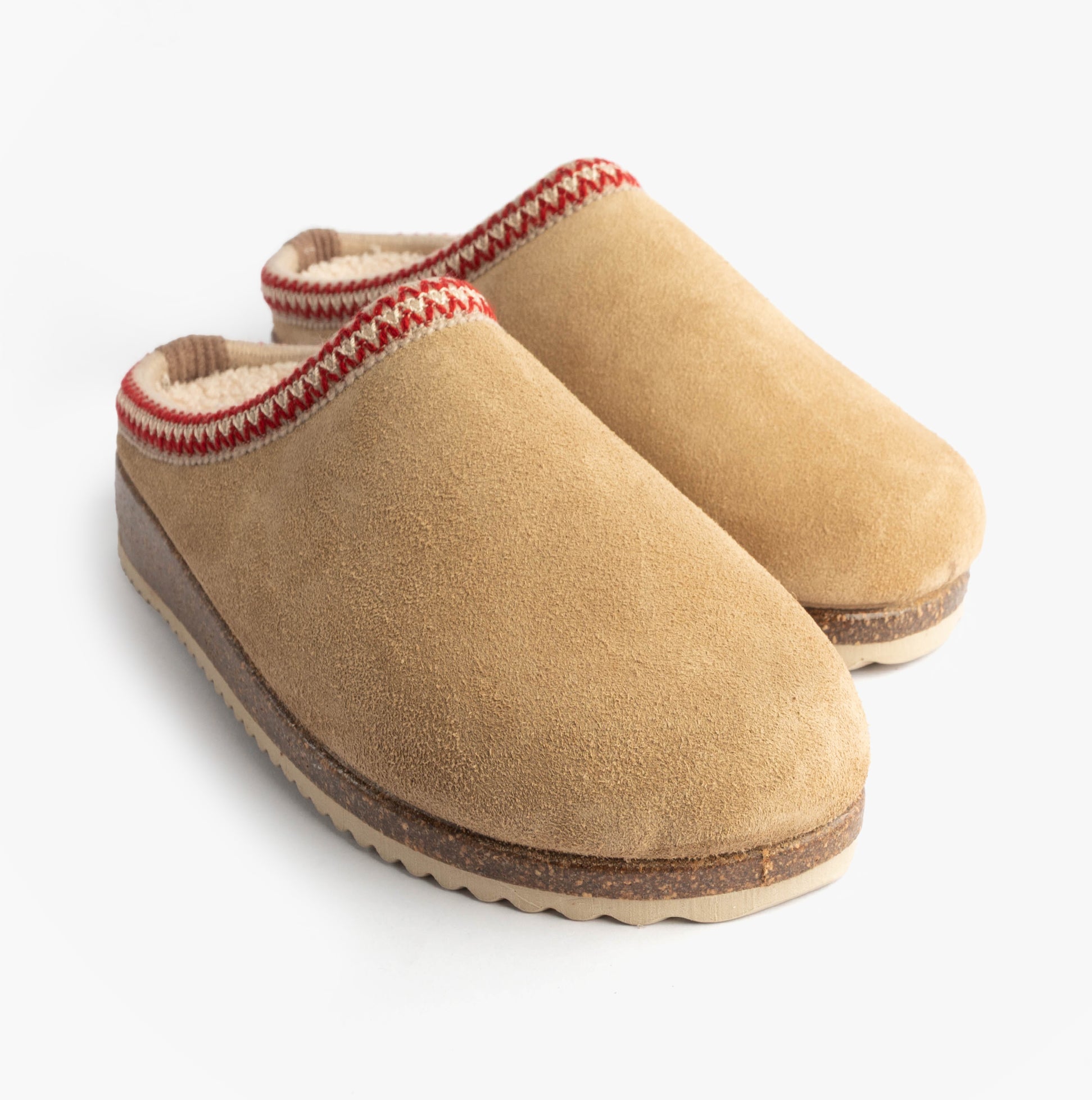 Nordikas 2247 Womens Suede Mule Slippers Beige side view showing soft suede material and slip-on comfort design.
