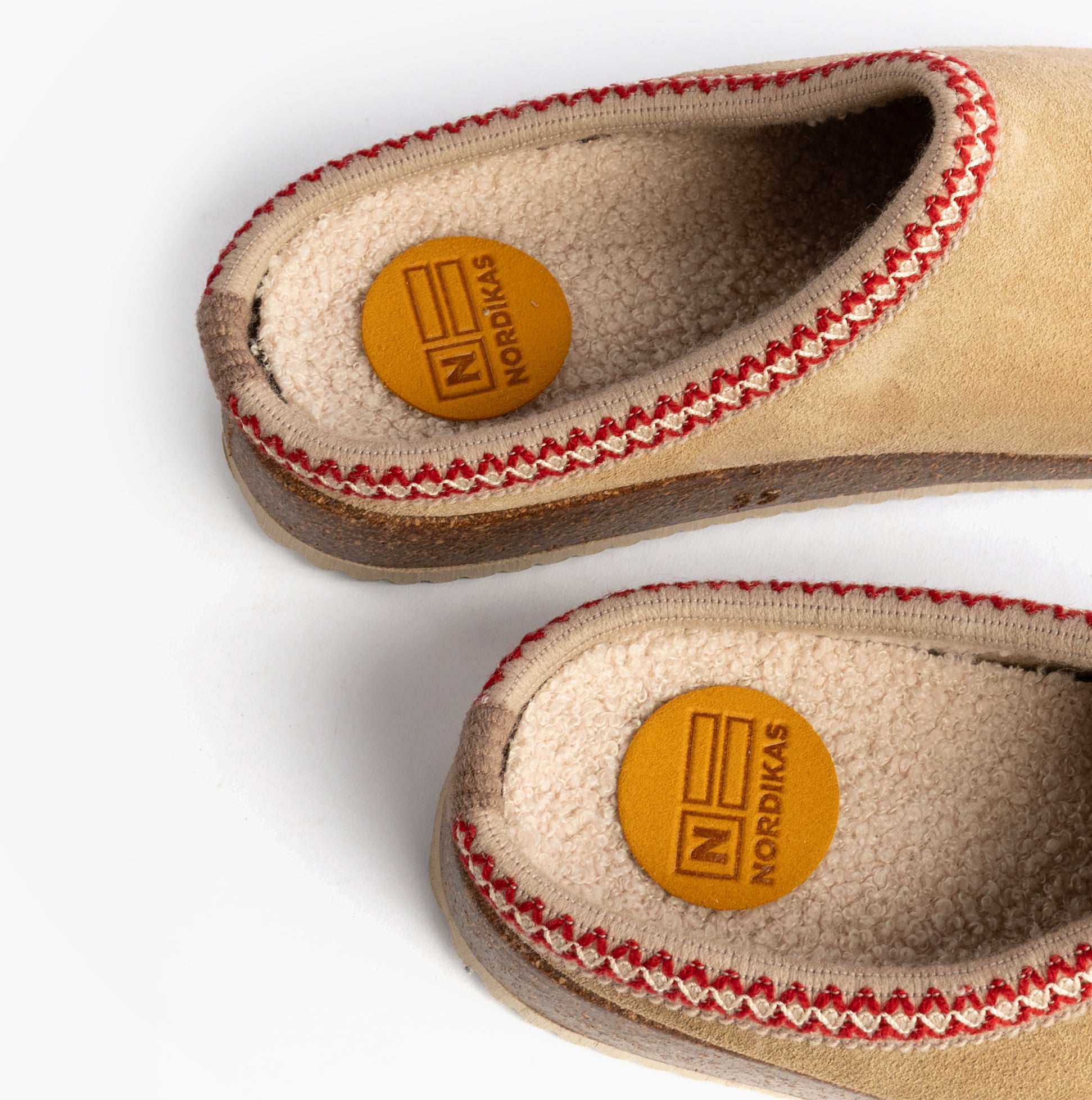 Nordikas 2247 Womens Suede Mule Slippers Beige detail view showing soft lining and stitching.