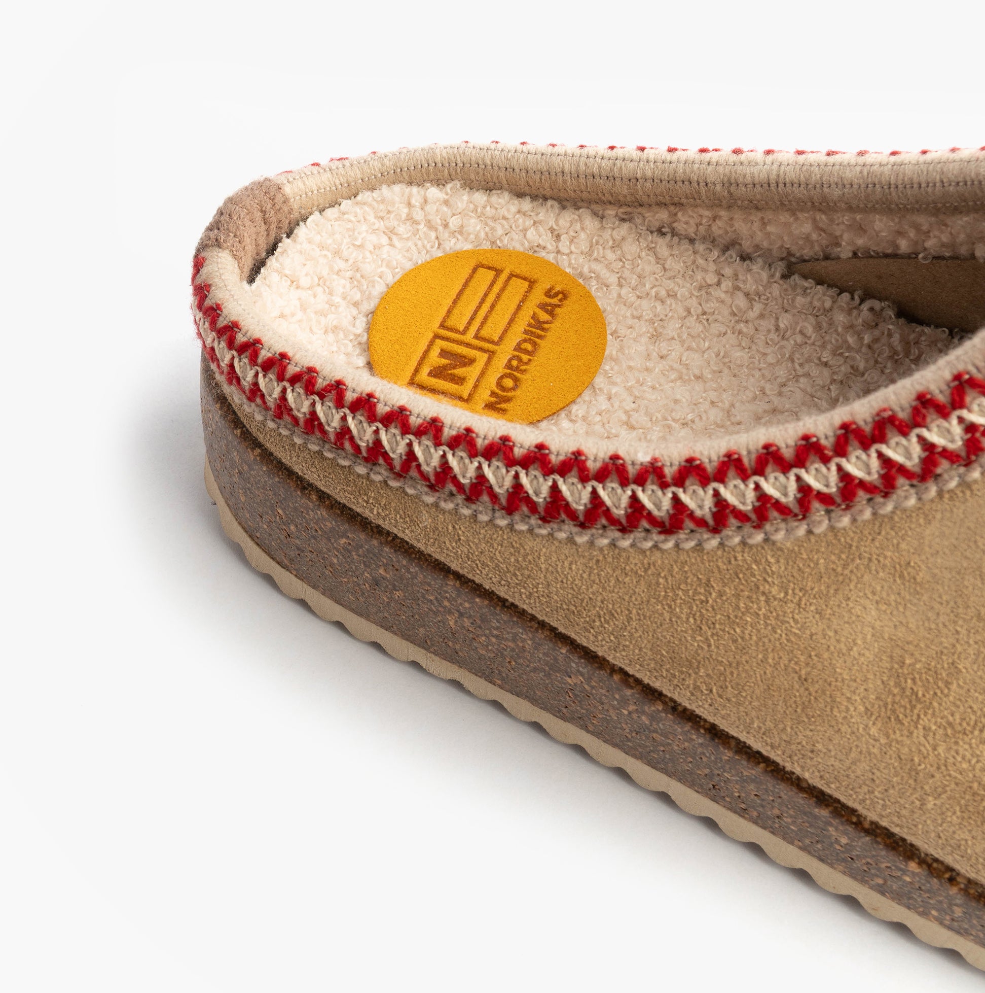 Nordikas 2247 Womens Suede Mule Slippers Beige detail view showing inner lining and stitching.