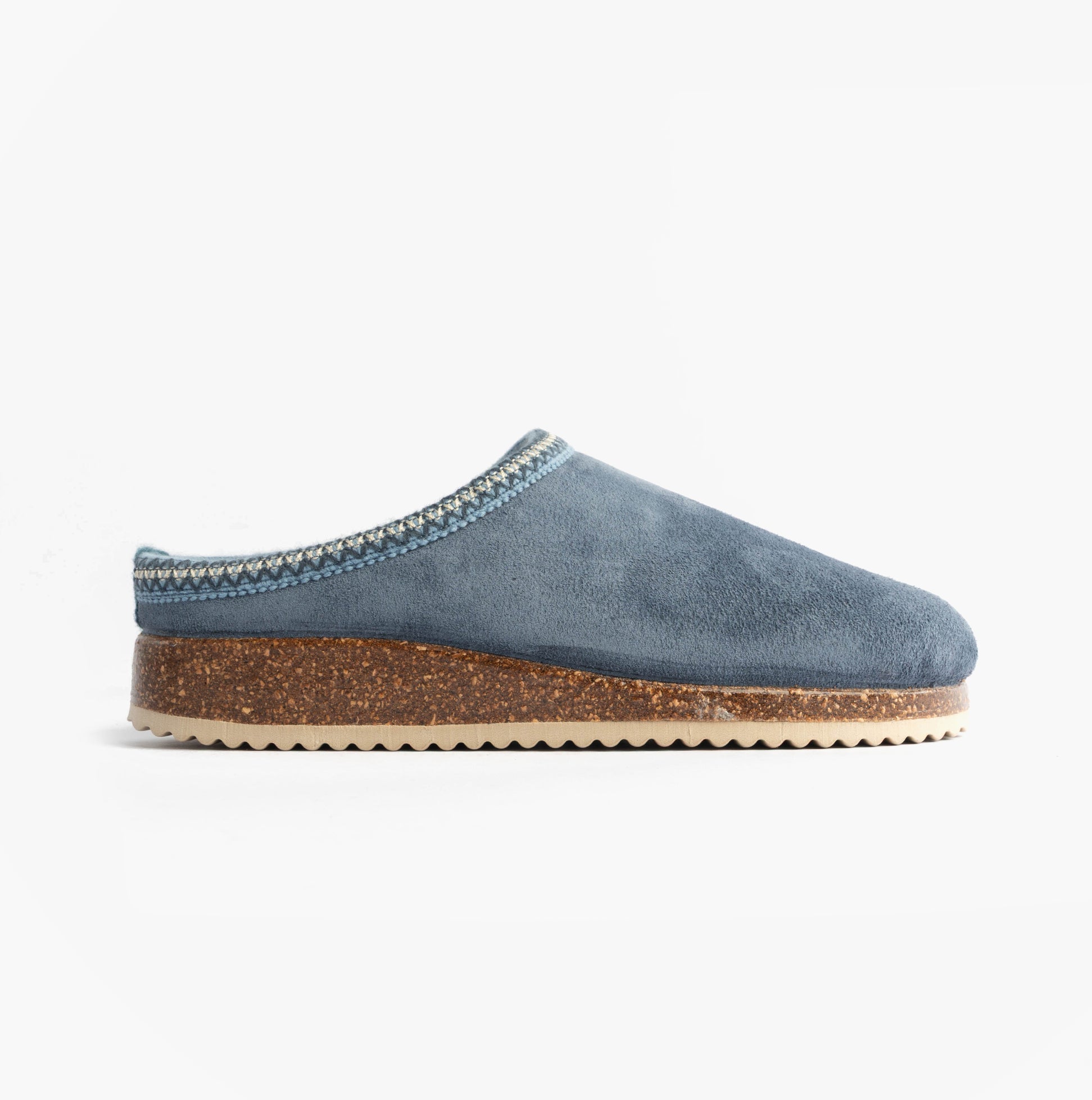 Nordikas 2247 Womens Suede Mule Slippers Denim side view showcasing soft suede upper and low profile rubber sole.