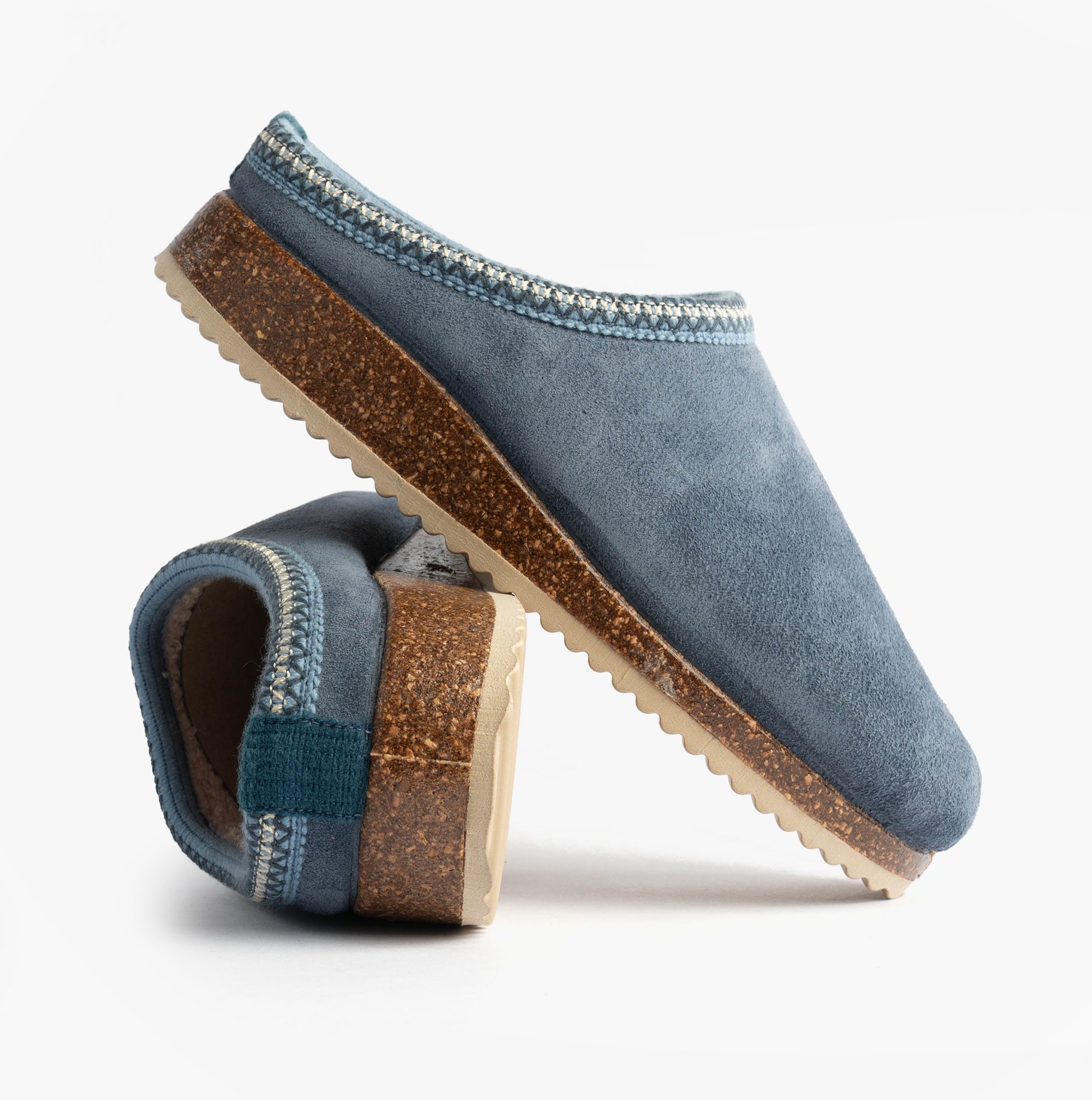 Nordikas 2247 Womens Suede Mule Slippers Denim side view and back view showcasing the soft suede upper and rubber sole.