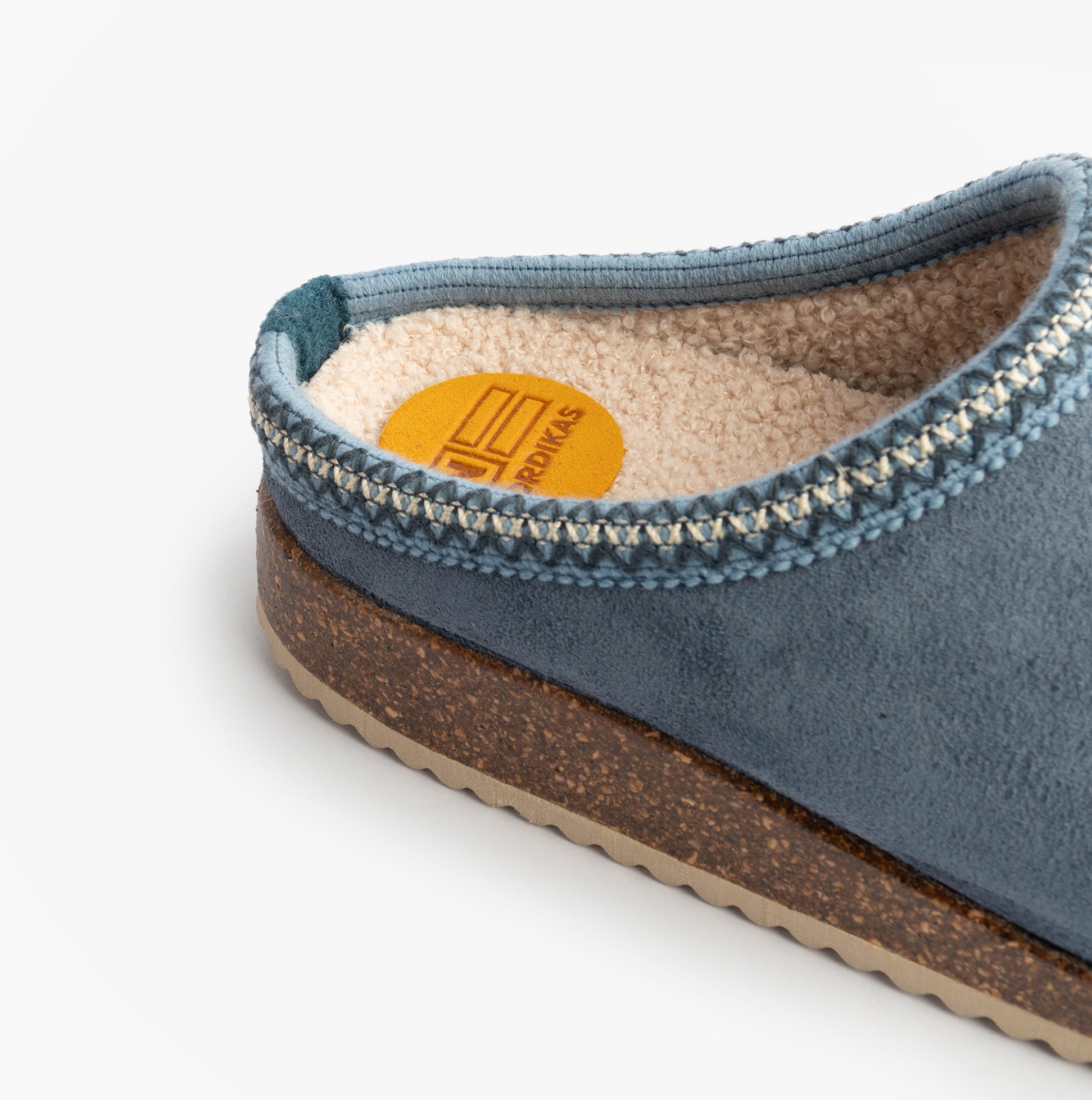 Nordikas 2247 Womens Suede Mule Slippers Denim detail view of the side with soft lining and rubber sole