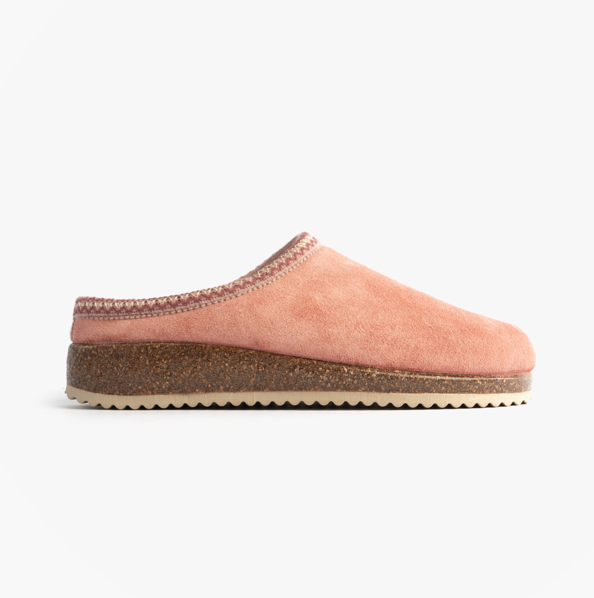 Nordikas 2247 Womens Suede Mule Slippers Rose Pink side view showing soft suede upper and slip-on design.