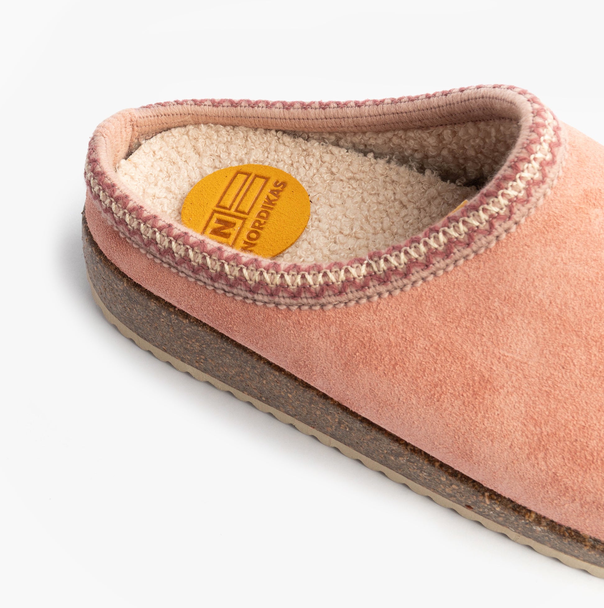 Nordikas 2247 Womens Suede Mule Slippers Rose Pink detail view showcasing soft suede upper and cozy lining.