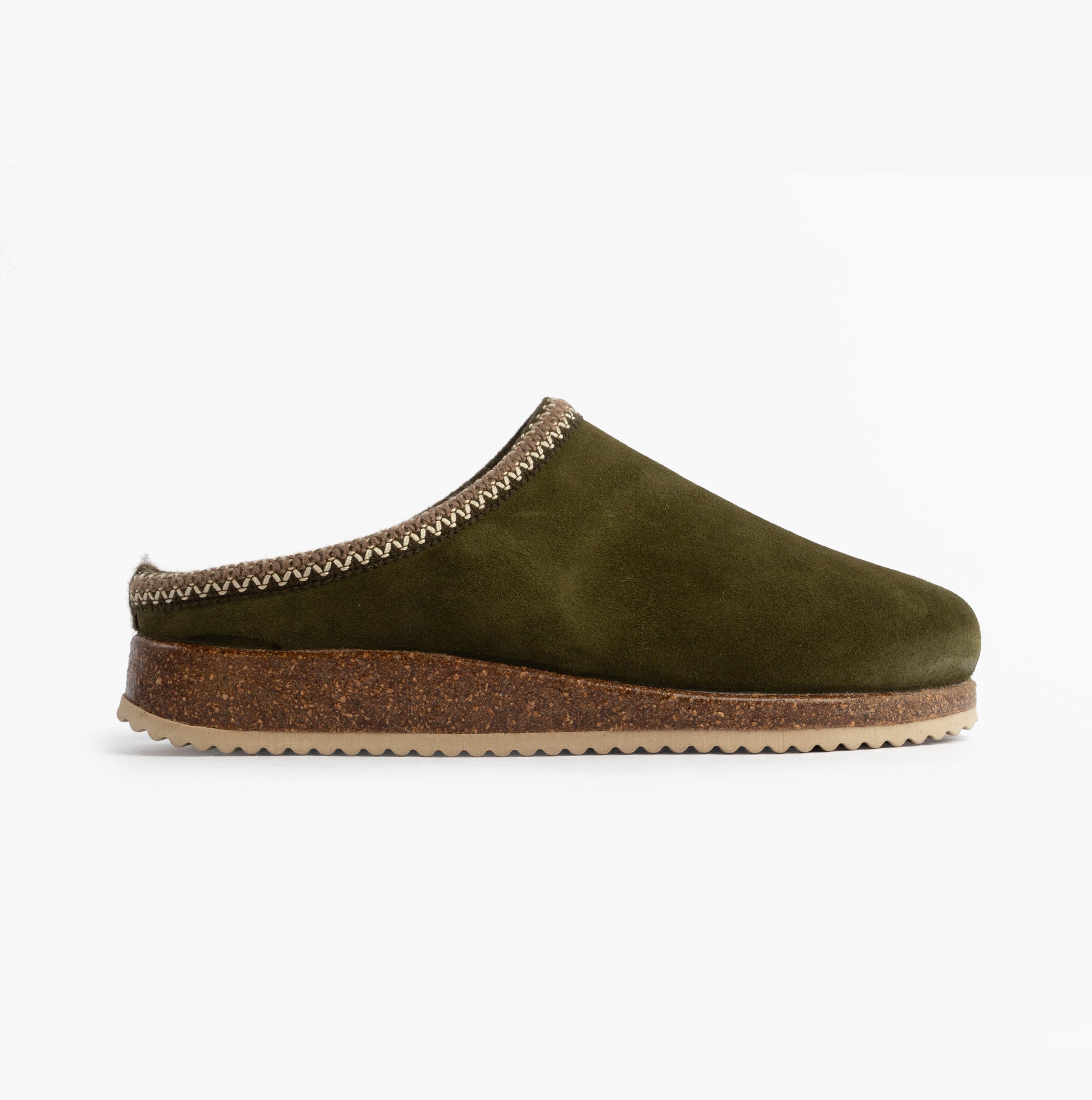Nordikas 2258 Mens Suede Mule Slippers Khaki side view showcasing the suede upper and low heel design.