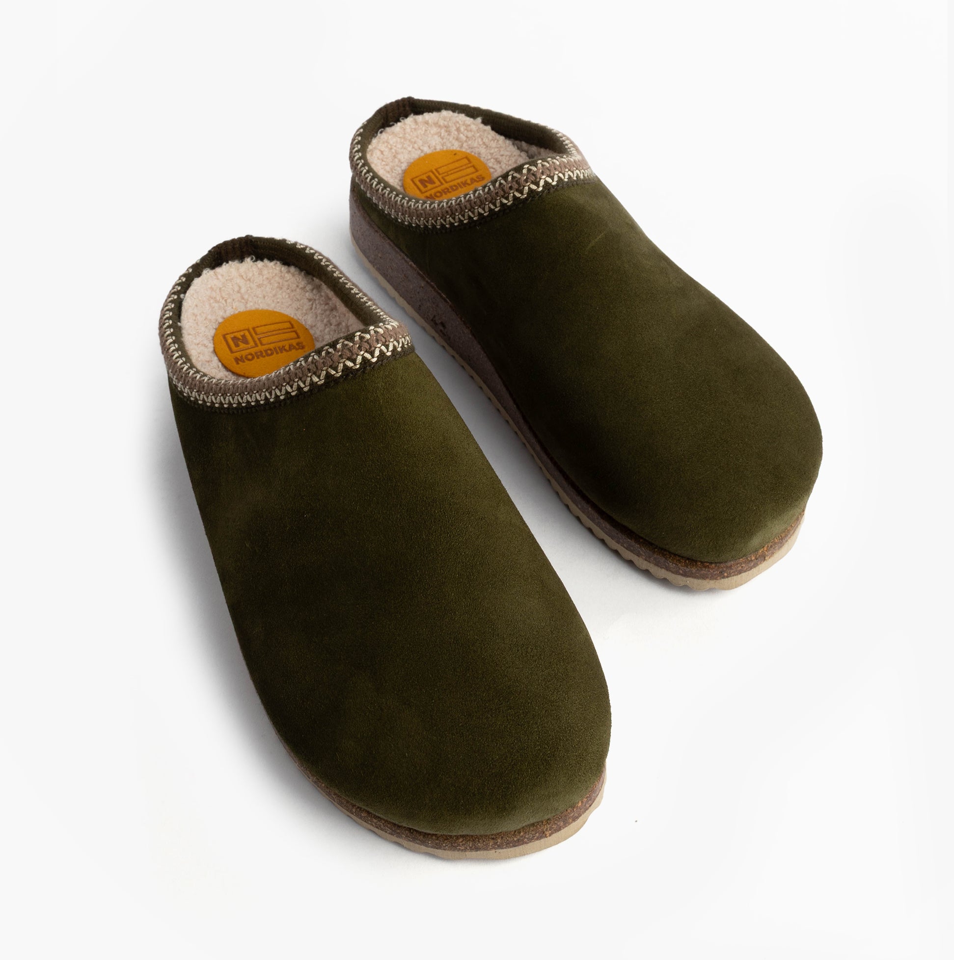 Nordikas 2258 Mens Suede Mule Slippers Khaki top view showcasing soft suede and faux fur lining.