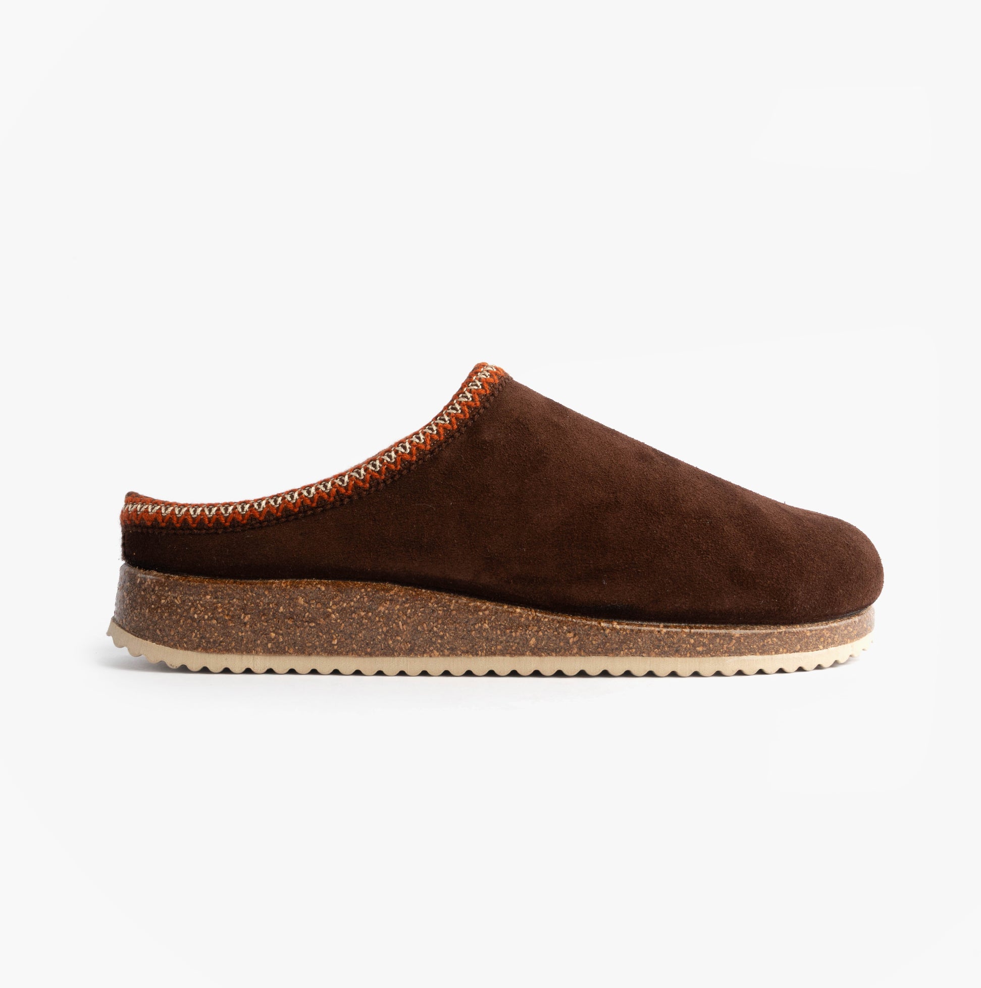 Nordikas 2258 Mens Suede Mule Slippers Brown side view showcasing soft suede upper and textured sole.