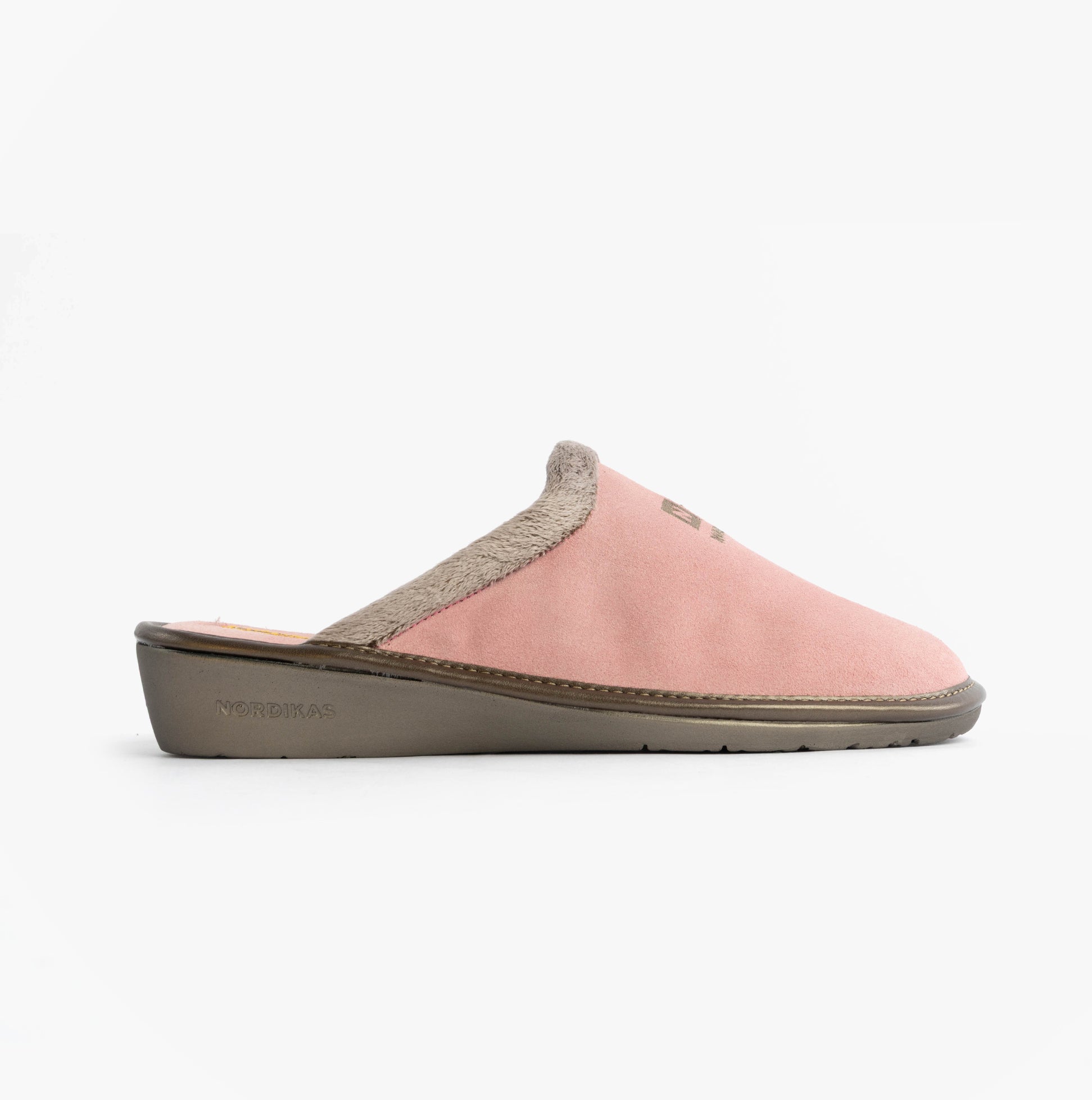 Nordikas 238 Womens Suede Mule Slippers Rose Pink side view showcasing suede upper and faux fur lining.