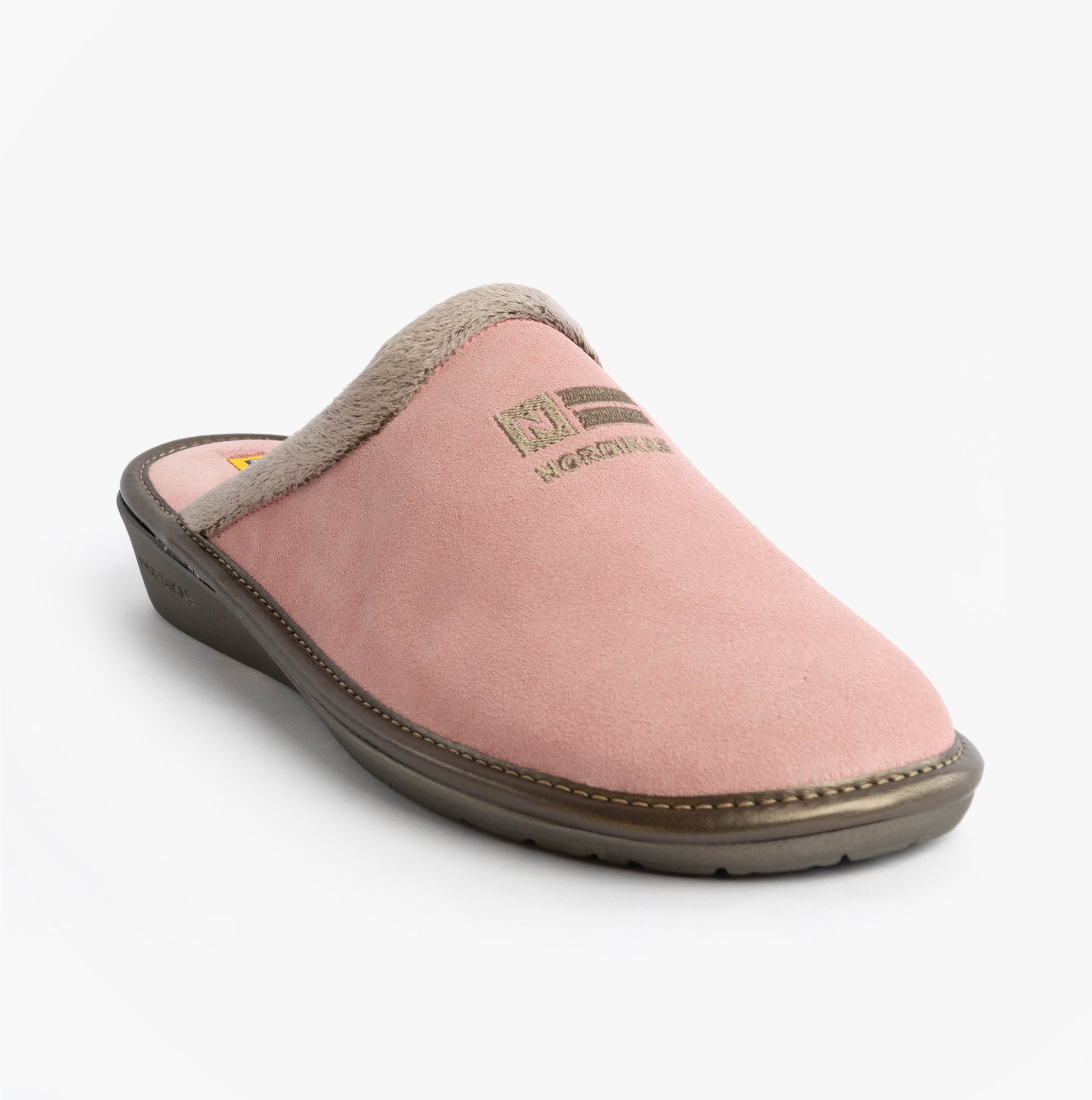 Nordikas 238 Womens Suede Mule Slippers Rose Pink side view showing soft suede upper and faux fur lining details.