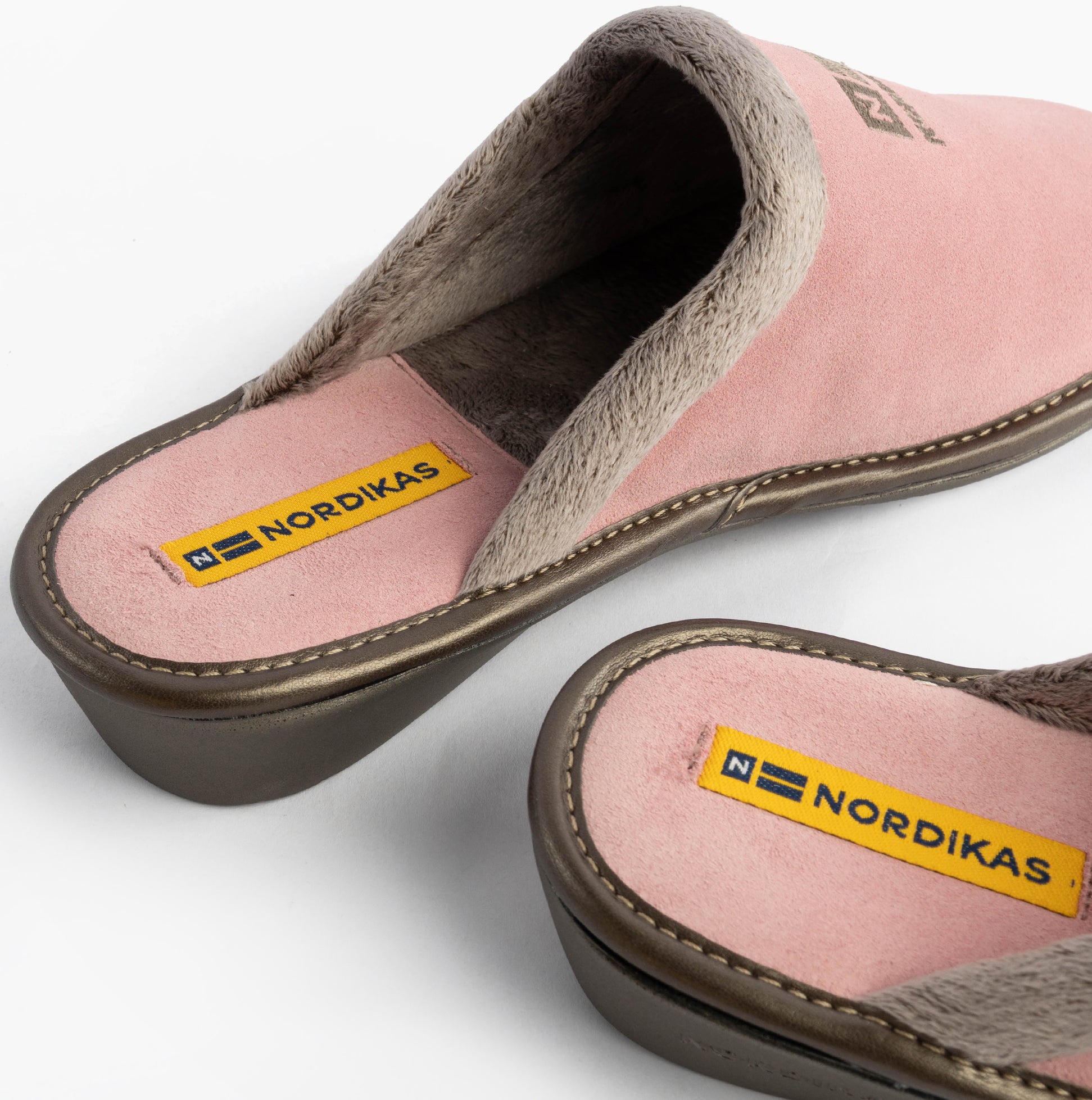 Nordikas 238 Womens Suede Mule Slippers Rose Pink detail view highlighting faux fur lining and slip-on design.