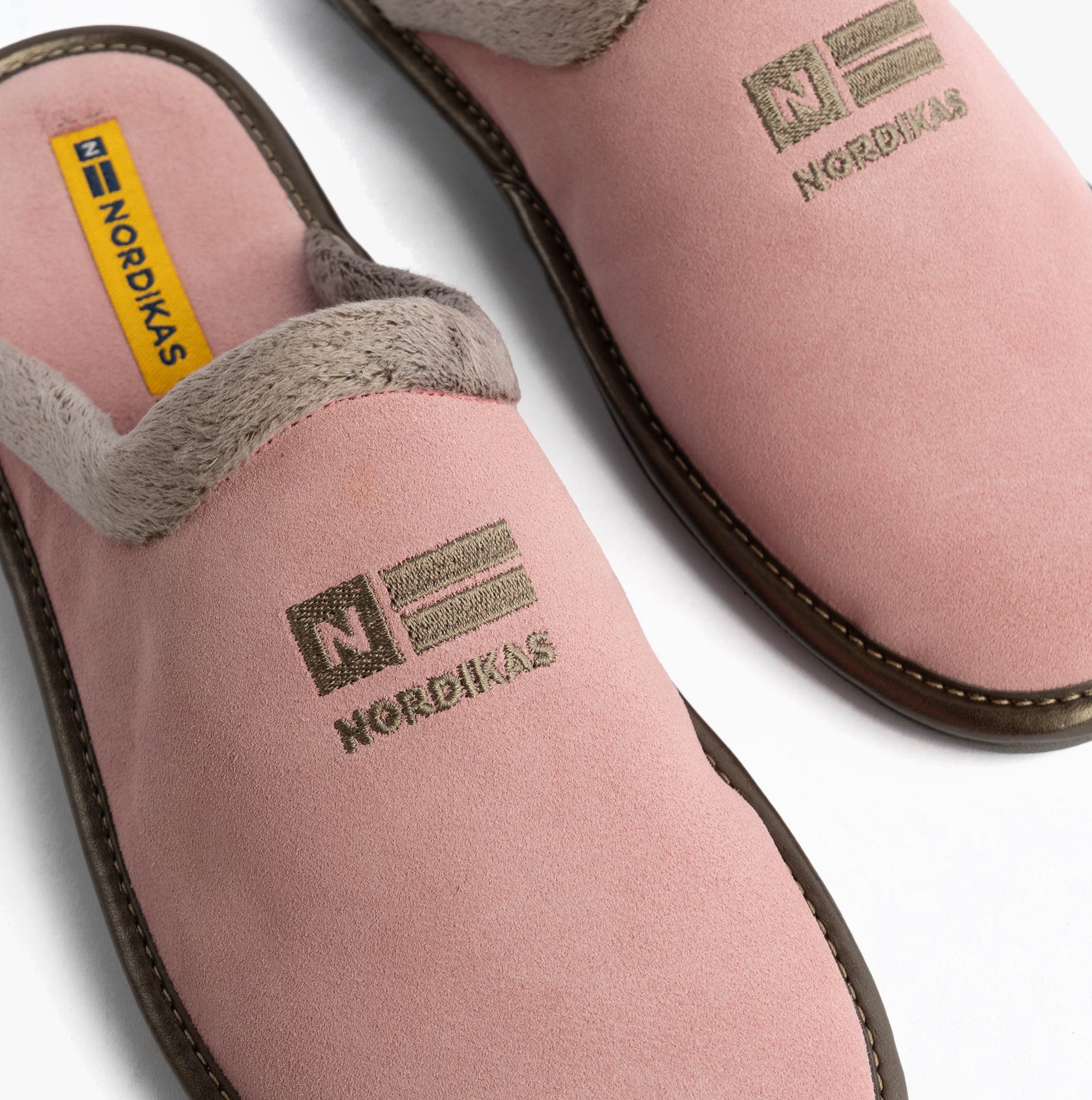 Nordikas 238 Womens Suede Mule Slippers Rose Pink top view showing soft suede and faux fur lining details.