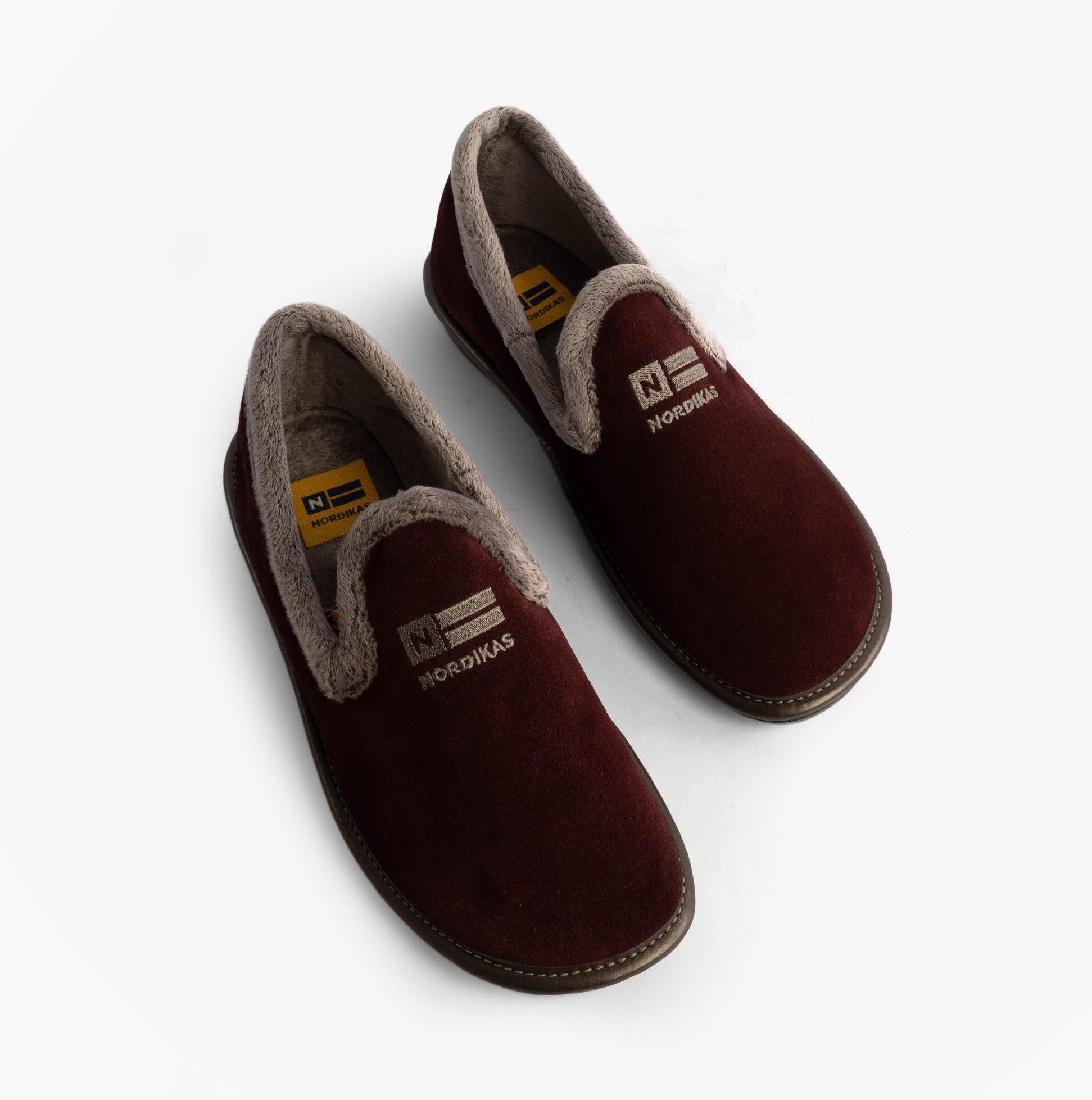 Nordikas 305 Womens Suede Full Slippers Bordo top view showcasing plush faux fur lining and easy slip-on design.
