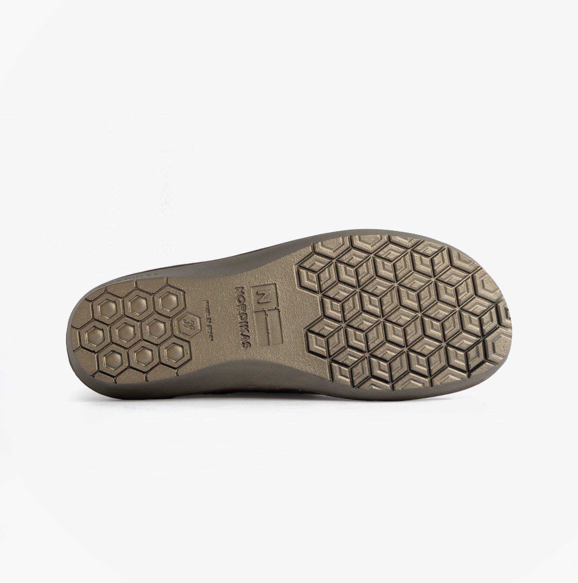 Nordikas 305 Womens Suede Full Slippers Piedra sole view with rubber material and hexagonal traction pattern.