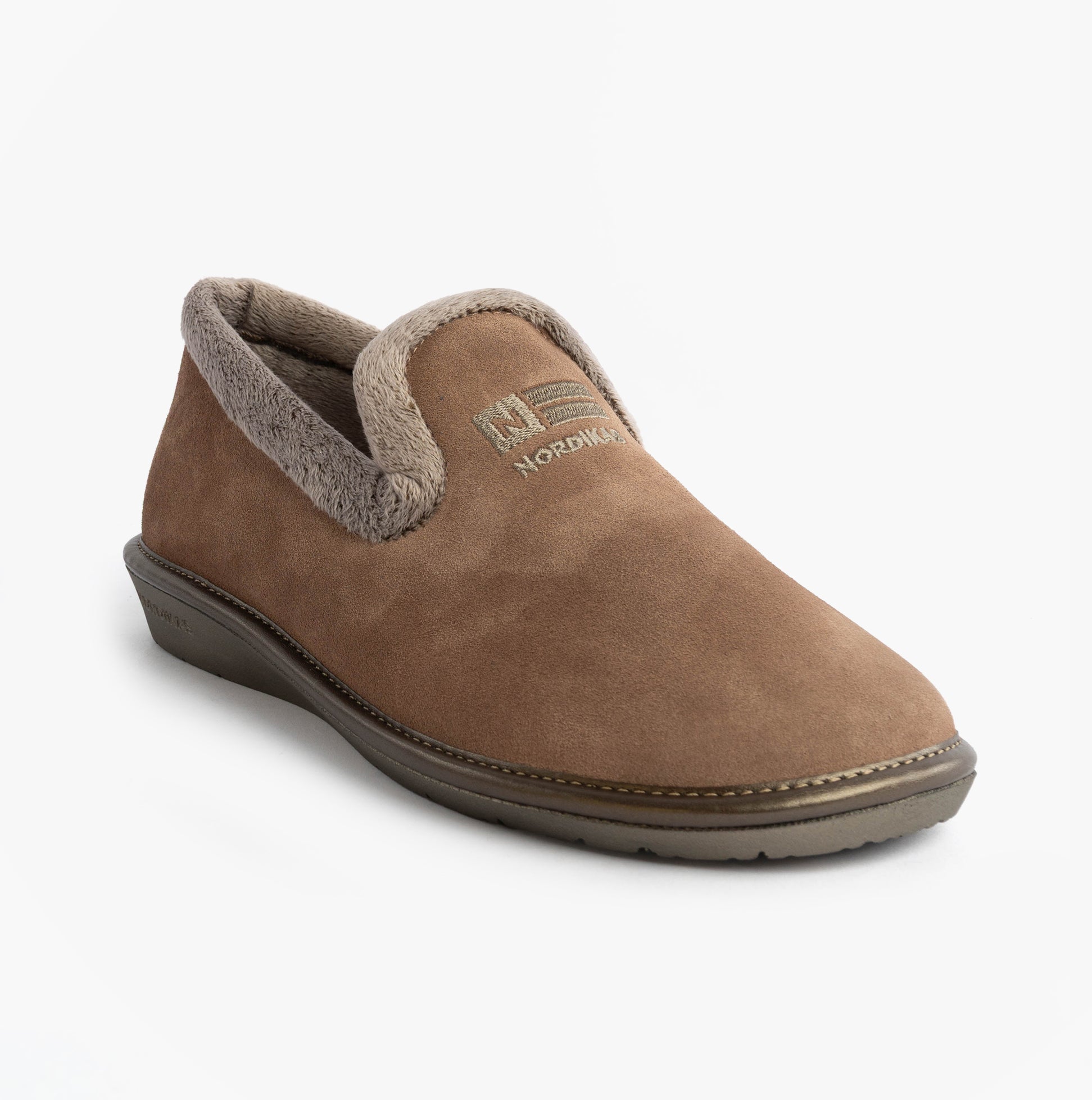 Nordikas 305 Womens Suede Full Slippers Piedra side view featuring soft suede material and faux fur lining.