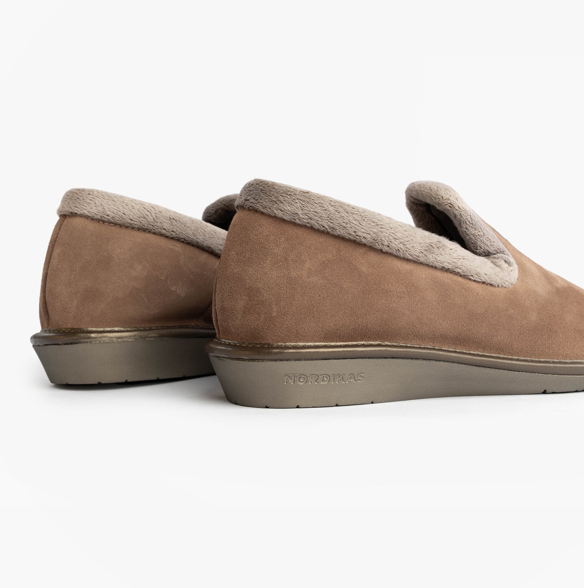 Nordikas 305 Womens Suede Full Slippers Piedra side view showcasing soft suede leather and faux fur lining.