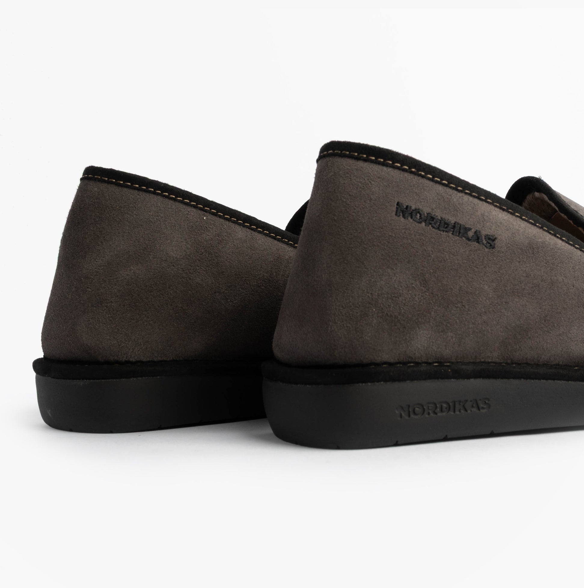 Nordikas 663 Mens Suede Full Slippers Grey rear view showing suede upper and rubber sole.