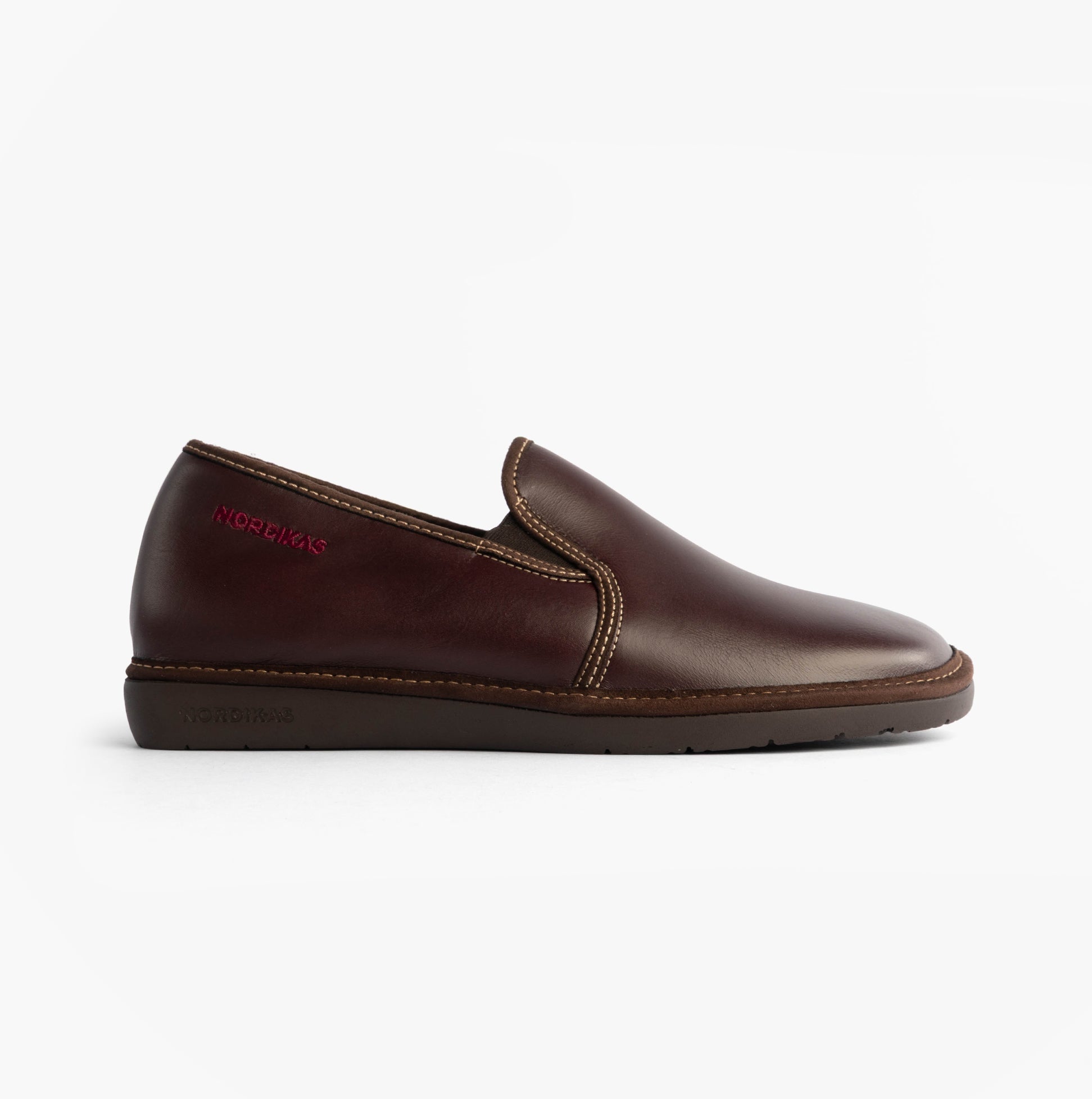 Nordikas 663 Mens Leather Full Slippers Bordo side view featuring premium leather and pull-on design.