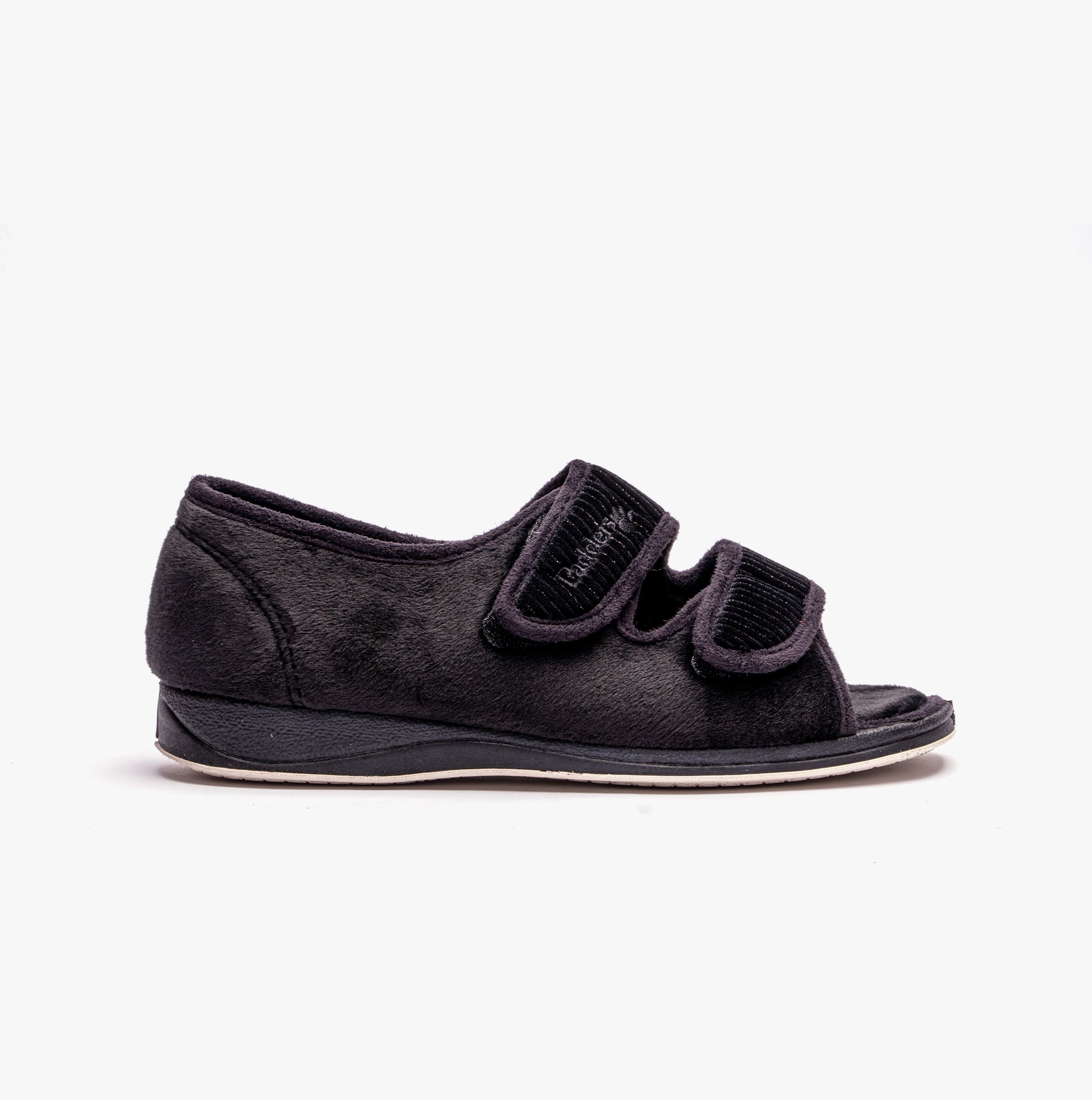 Padders LYDIA X Womens (6E Fit) Touch Fasten Slippers Black side view with adjustable straps and soft textile upper.