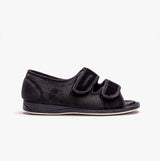Padders LYDIA X Womens (6E Fit) Touch Fasten Slippers Black side view with adjustable straps and soft textile upper.