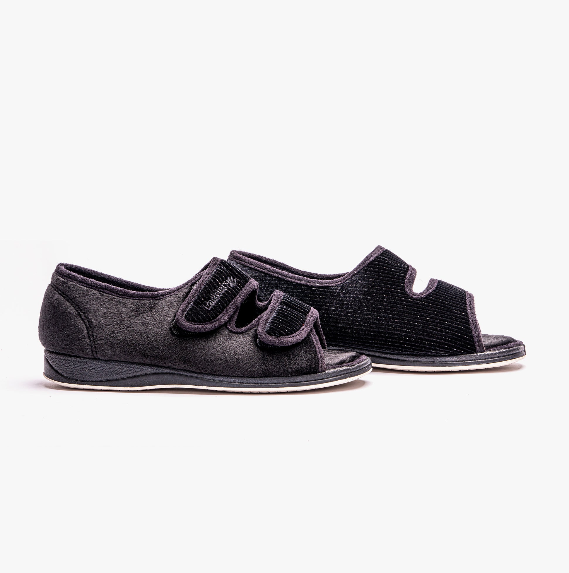 Padders LYDIA X Womens (6E Fit) Touch Fasten Slippers Black side view showing touch fasten design and open toe.