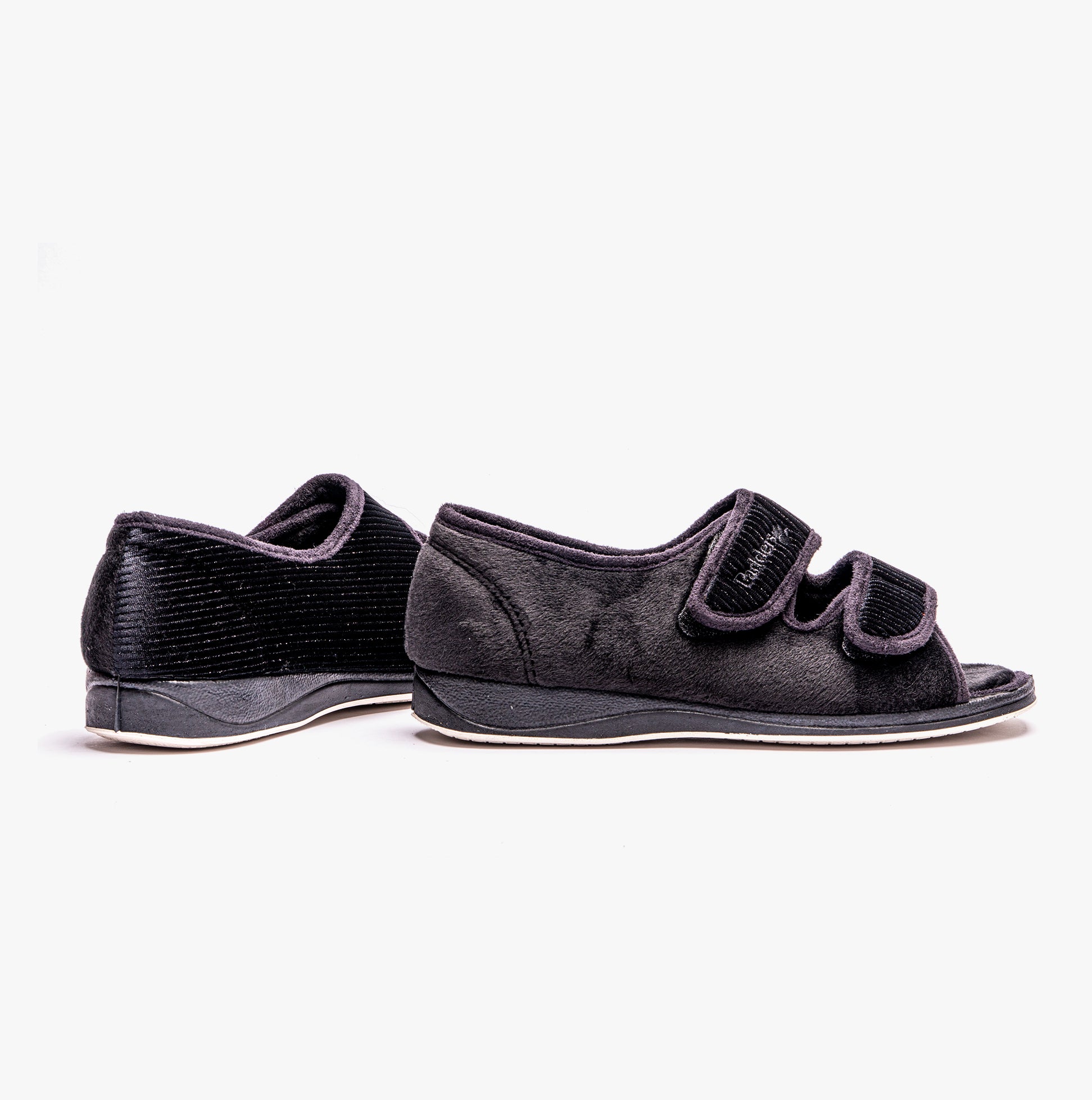 Padders LYDIA X Womens (6E Fit) Touch Fasten Slippers Black side view showing adjustable strap and soft upper.