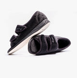Padders LYDIA X Womens (6E Fit) Touch Fasten Slippers Black side view showing adjustable strap and soft textile upper.