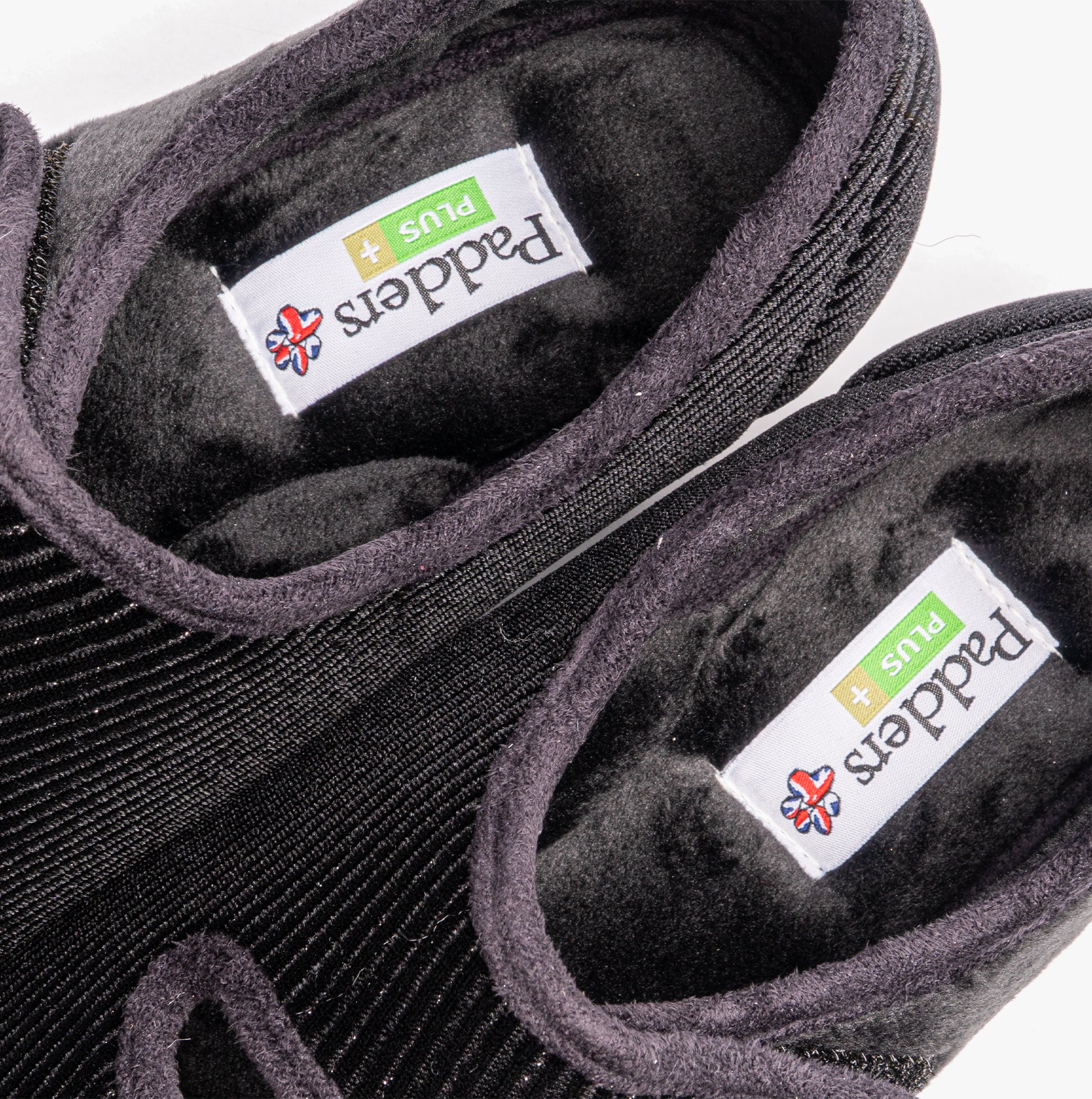 Padders LYDIA X Womens (6E Fit) Touch Fasten Slippers Black top view showing soft textile lining and brand labels.
